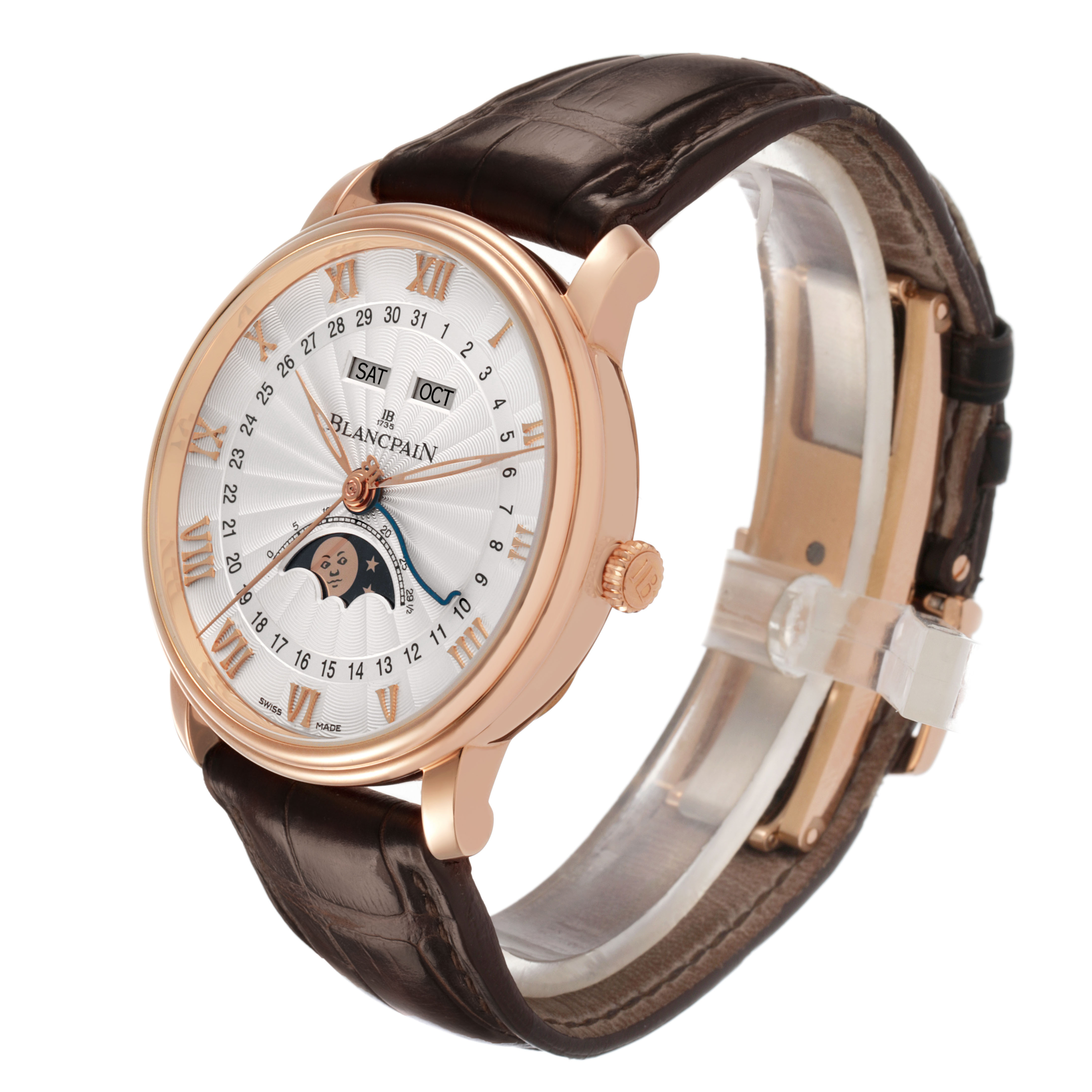 The Blancpain Villeret 6685-3642A-55B Men's Rose Gold Silver Dial watch is shown at a three-quarter angle, highlighting the dial, case, and brown leather strap.