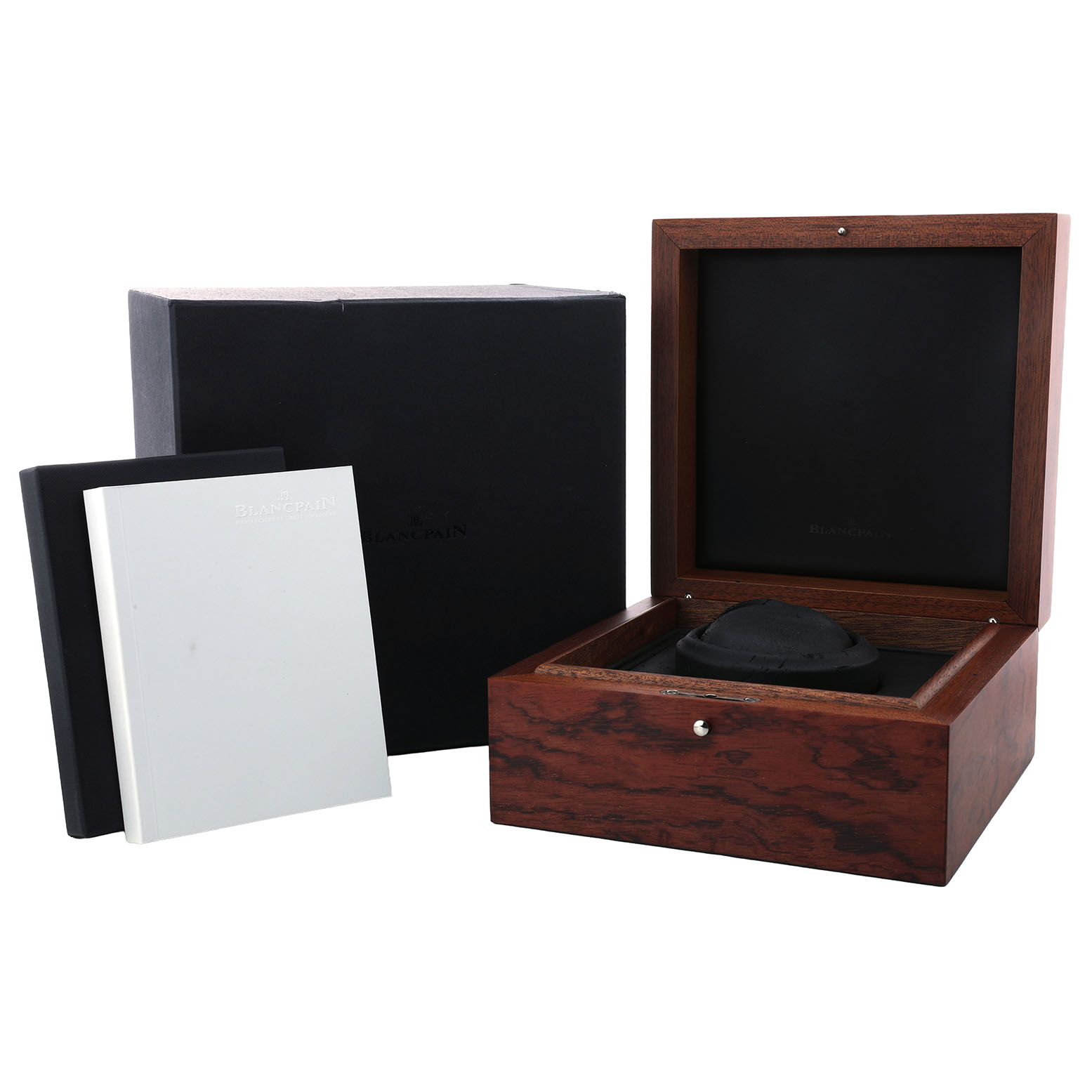 The image shows a Blancpain Villeret 6685-3642A-55B Men's Rose Gold Silver Dial watch box, a display case, and accompanying booklets from a front angle.