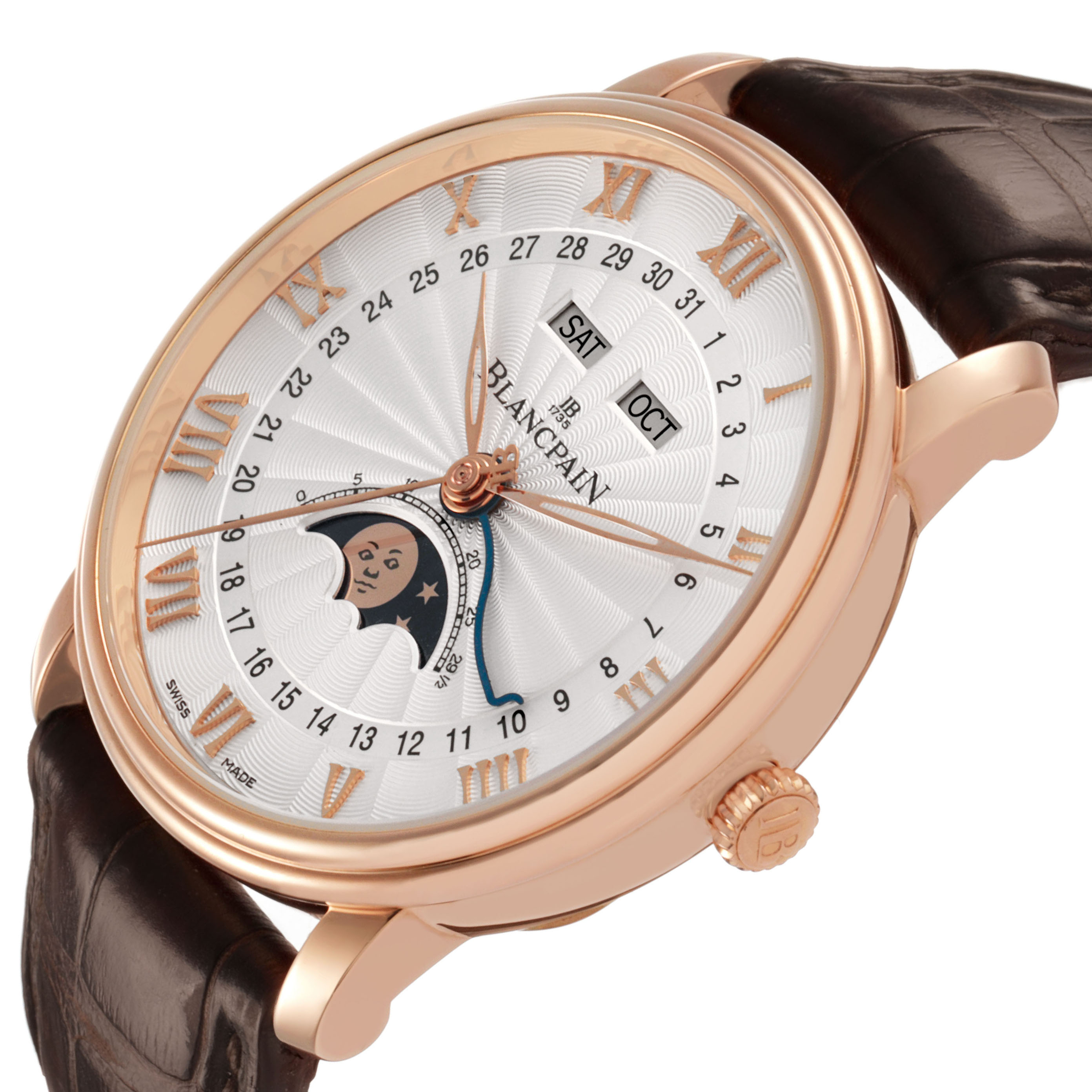 The Blancpain Villeret 6685-3642A-55B Men's Rose Gold Silver Dial watch is shown at an angled top view featuring the dial, moon phase, date, and month indicators.