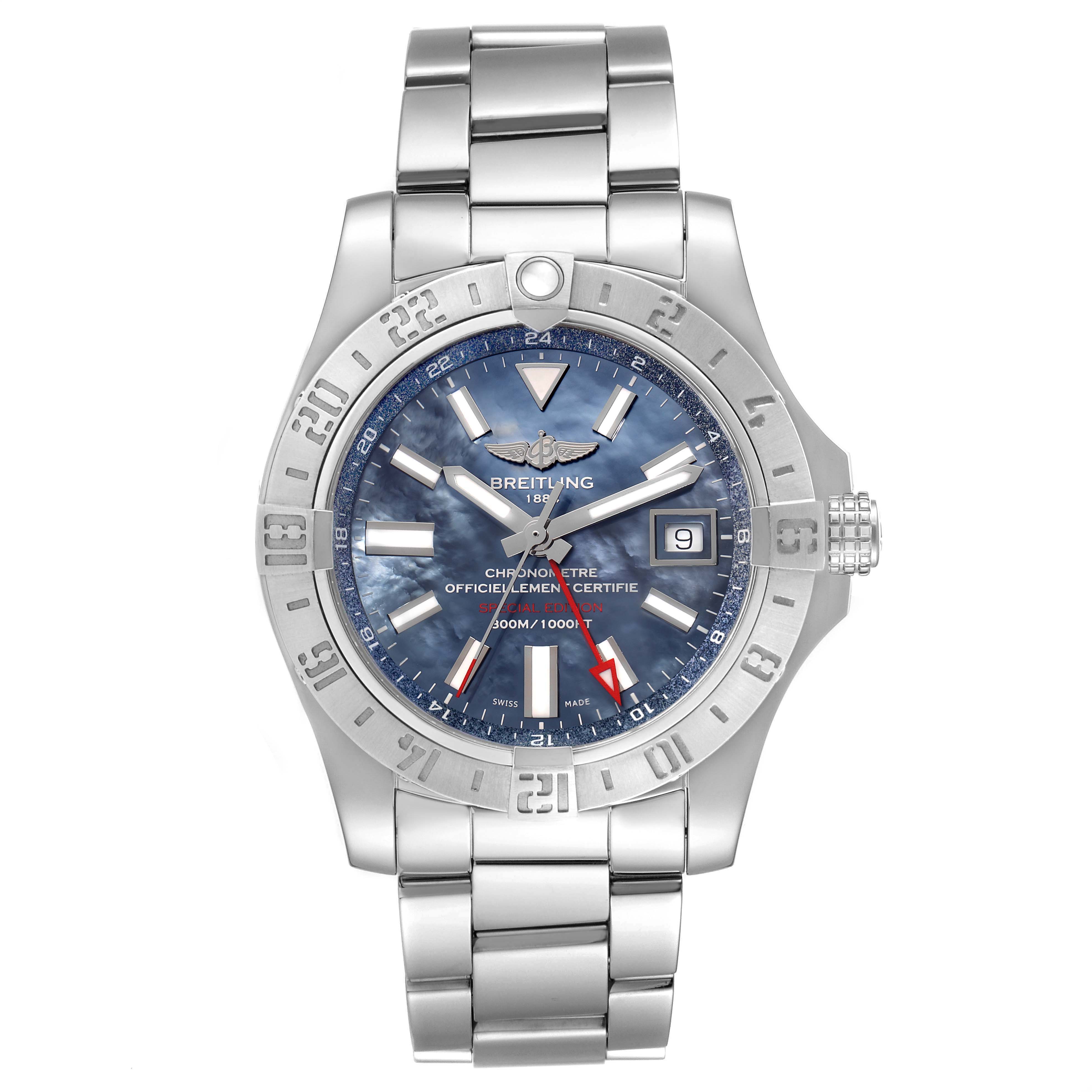 The image shows a Breitling Avenger A32390 Men's Stainless Steel Mother of Pearl Dial watch from the front, displaying the dial, bezel, and bracelet.