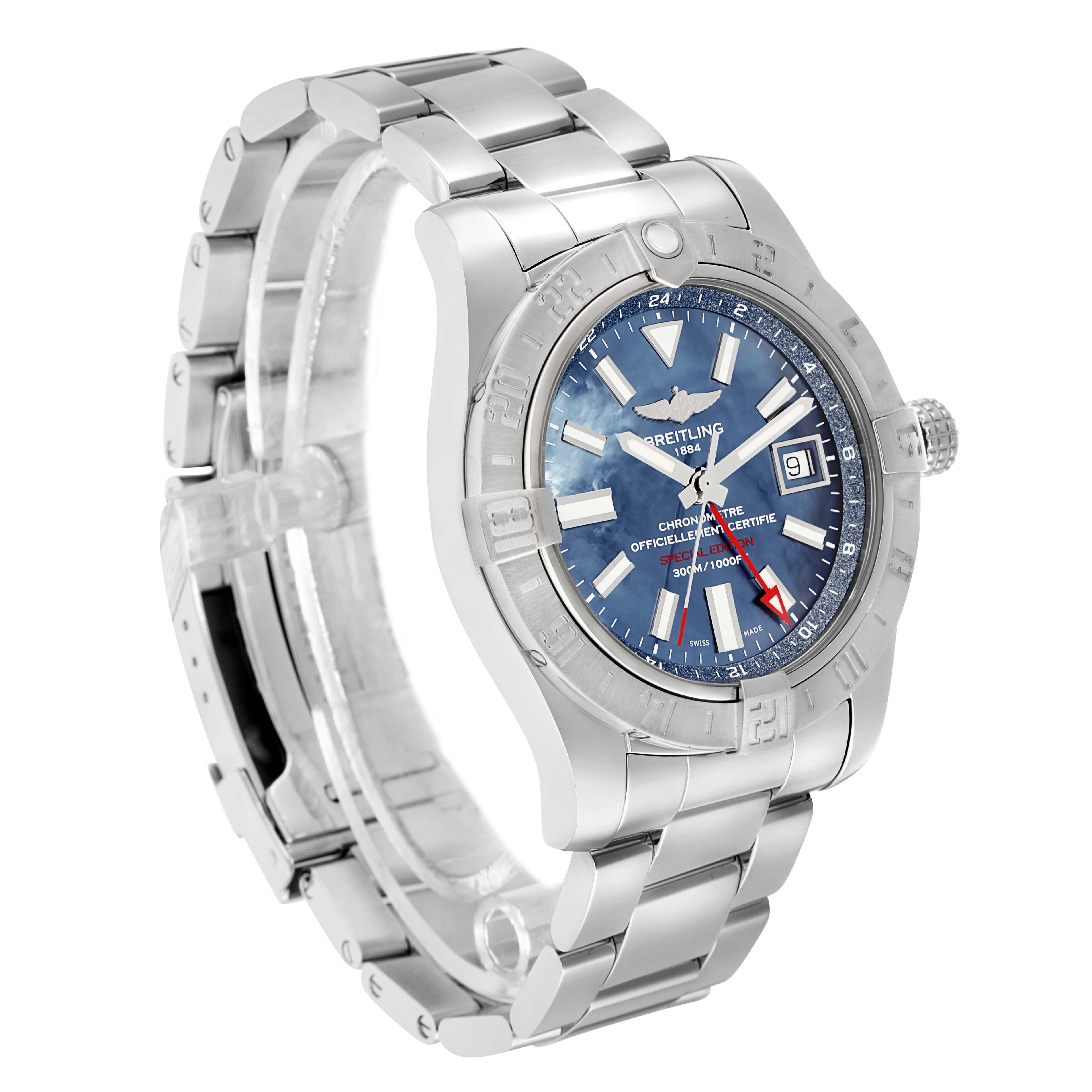 The Breitling Avenger A32390 Men's Stainless Steel Mother of Pearl Dial watch is shown at a three-quarter angle, displaying its stainless steel bracelet, bezel, and dial with a date window.