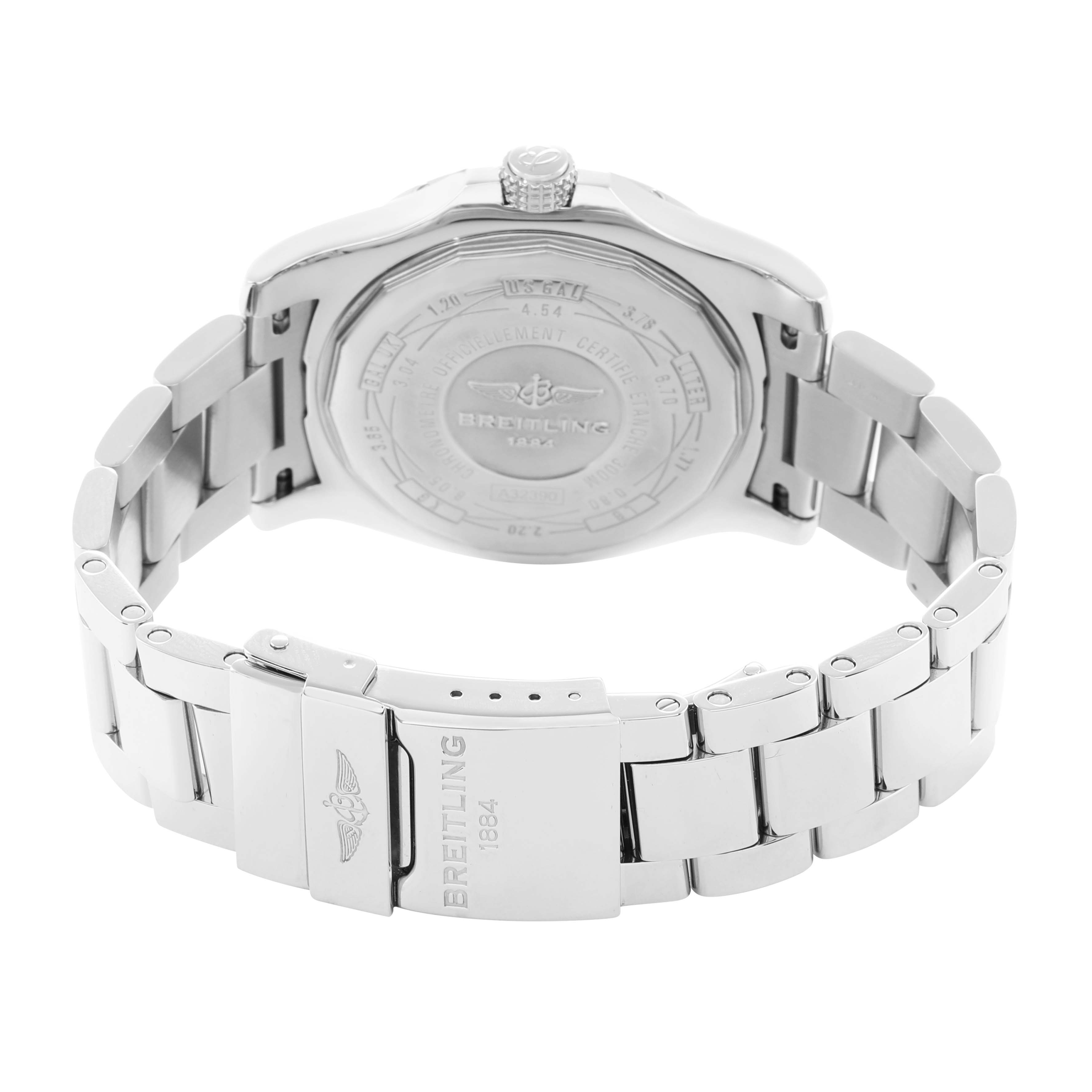 The image shows a rear view of the Breitling Avenger A32390 Men's Stainless Steel Mother of Pearl Dial watch, highlighting the case back and metal bracelet with the clasp open.