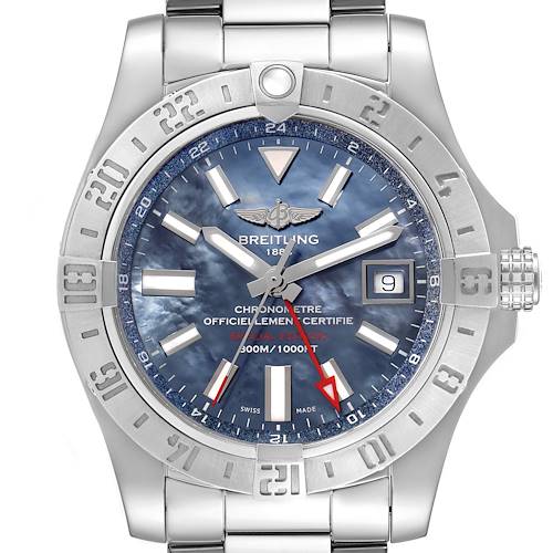 The Breitling Avenger A32390 Men's Stainless Steel Mother of Pearl Dial watch is shown from a front view, displaying its face, bezel, and bracelet.