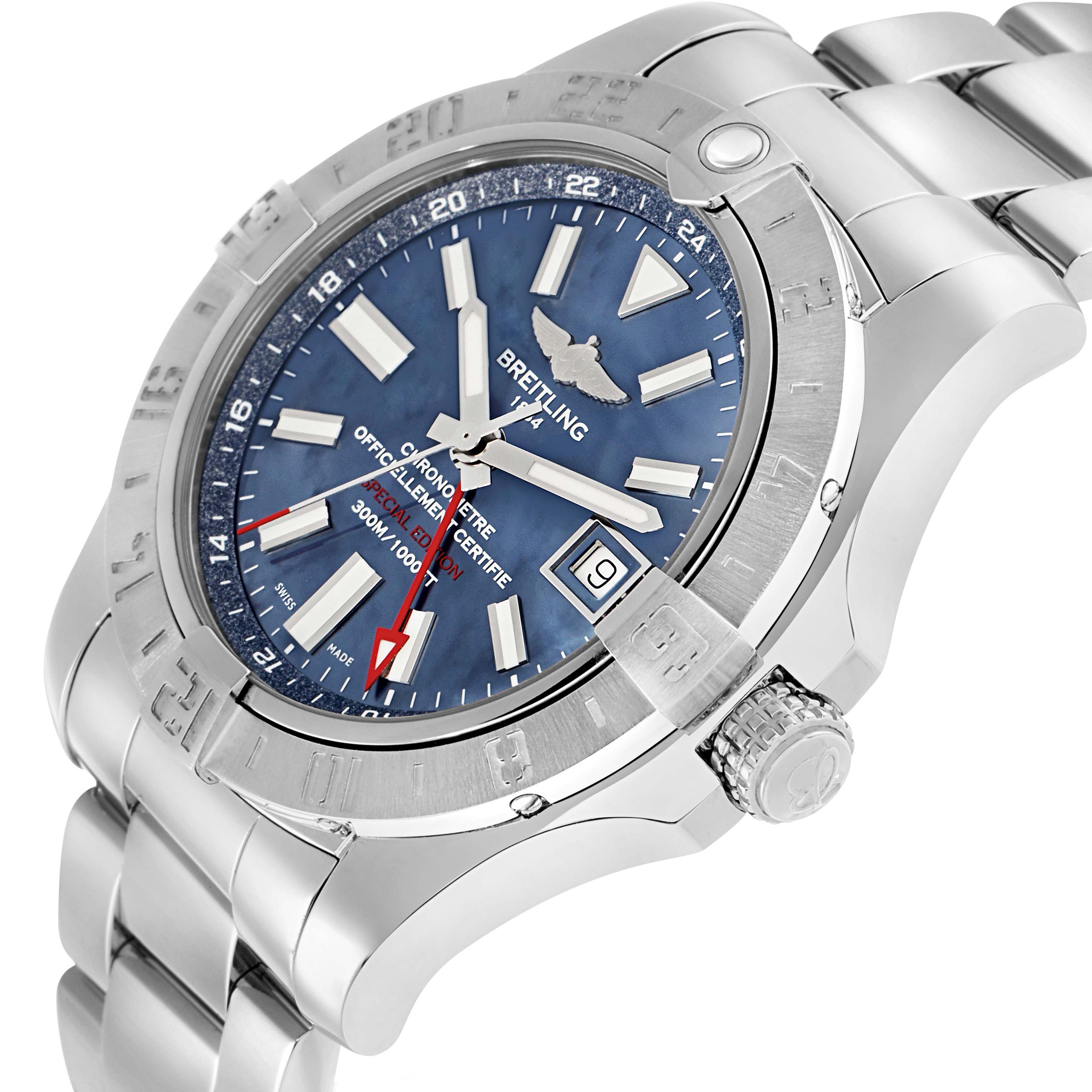 The Breitling Avenger A32390 Men's Stainless Steel Mother of Pearl Dial watch is shown from an angled side view, highlighting the dial, bezel, bracelet, and crown.