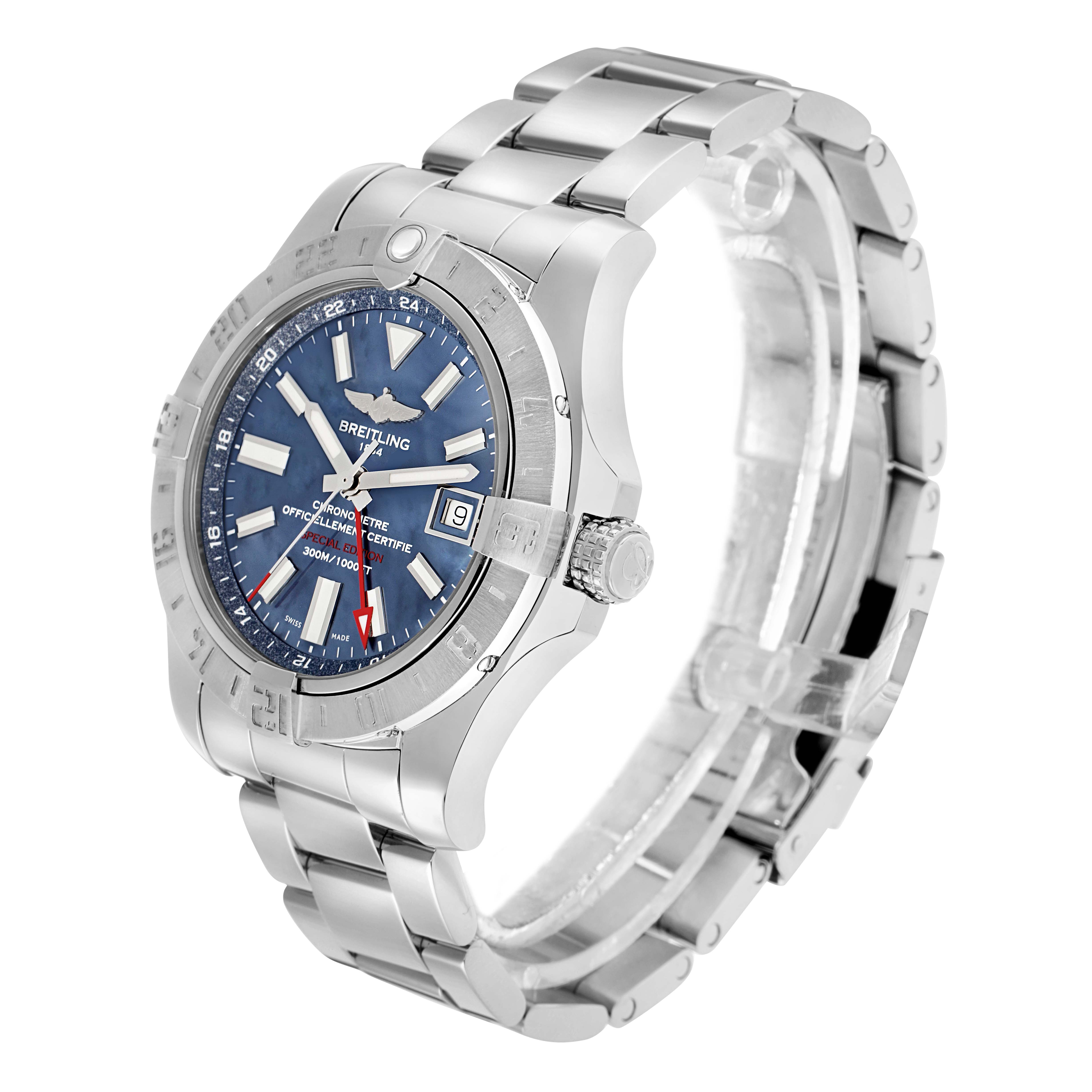 The Breitling Avenger A32390 Men's Stainless Steel Mother of Pearl Dial watch is shown at a three-quarter angle, highlighting the face, bezel, crown, and bracelet.