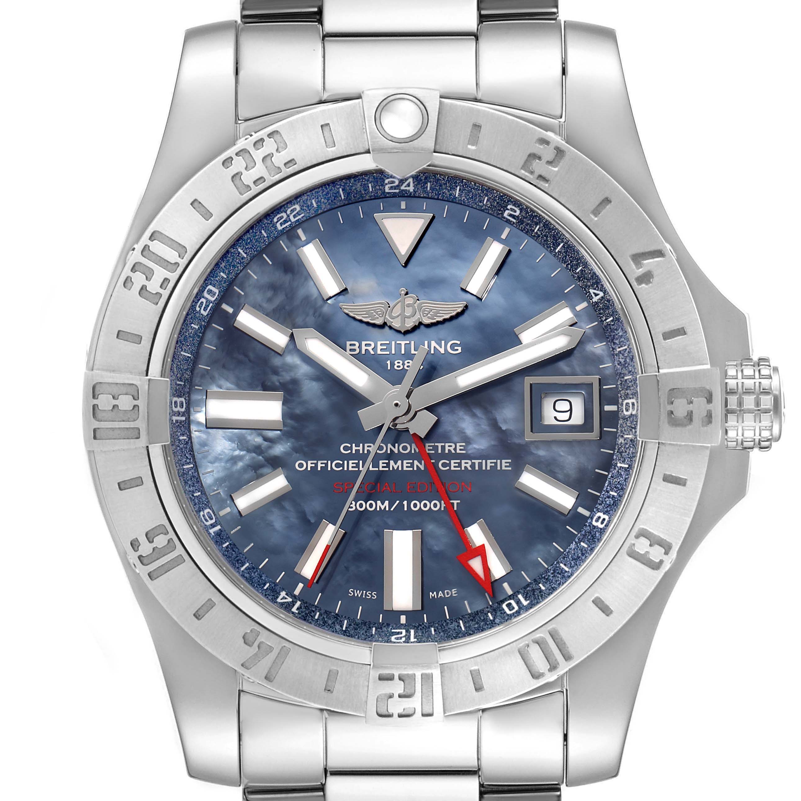 The Breitling Avenger A32390 Men's Stainless Steel Mother of Pearl Dial watch is shown from the front, highlighting its blue dial, date window, and stainless steel bracelet.