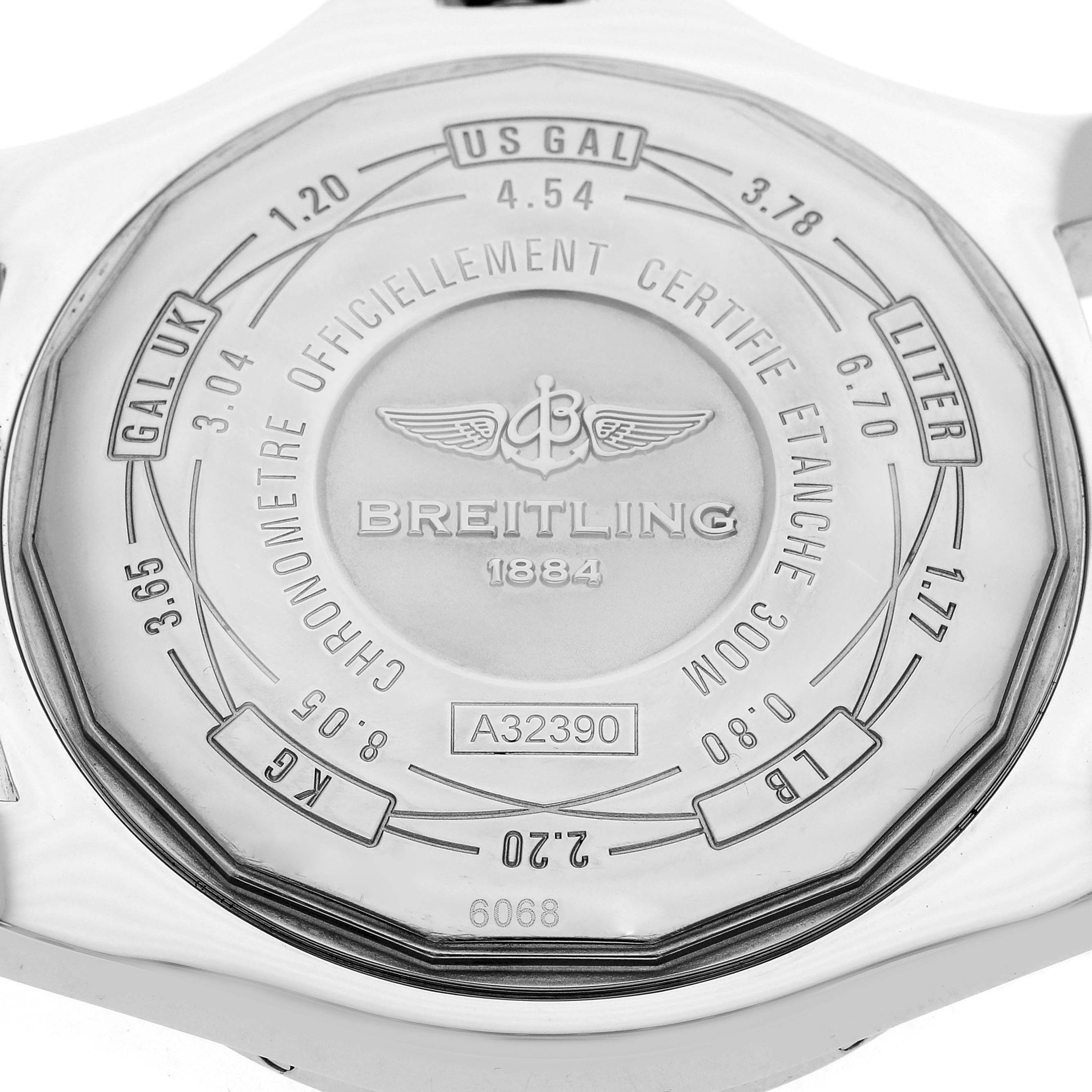 The image shows the back case of a Breitling Avenger A32390 Men's Stainless Steel Mother of Pearl Dial watch, featuring brand engravings and measurement conversions.