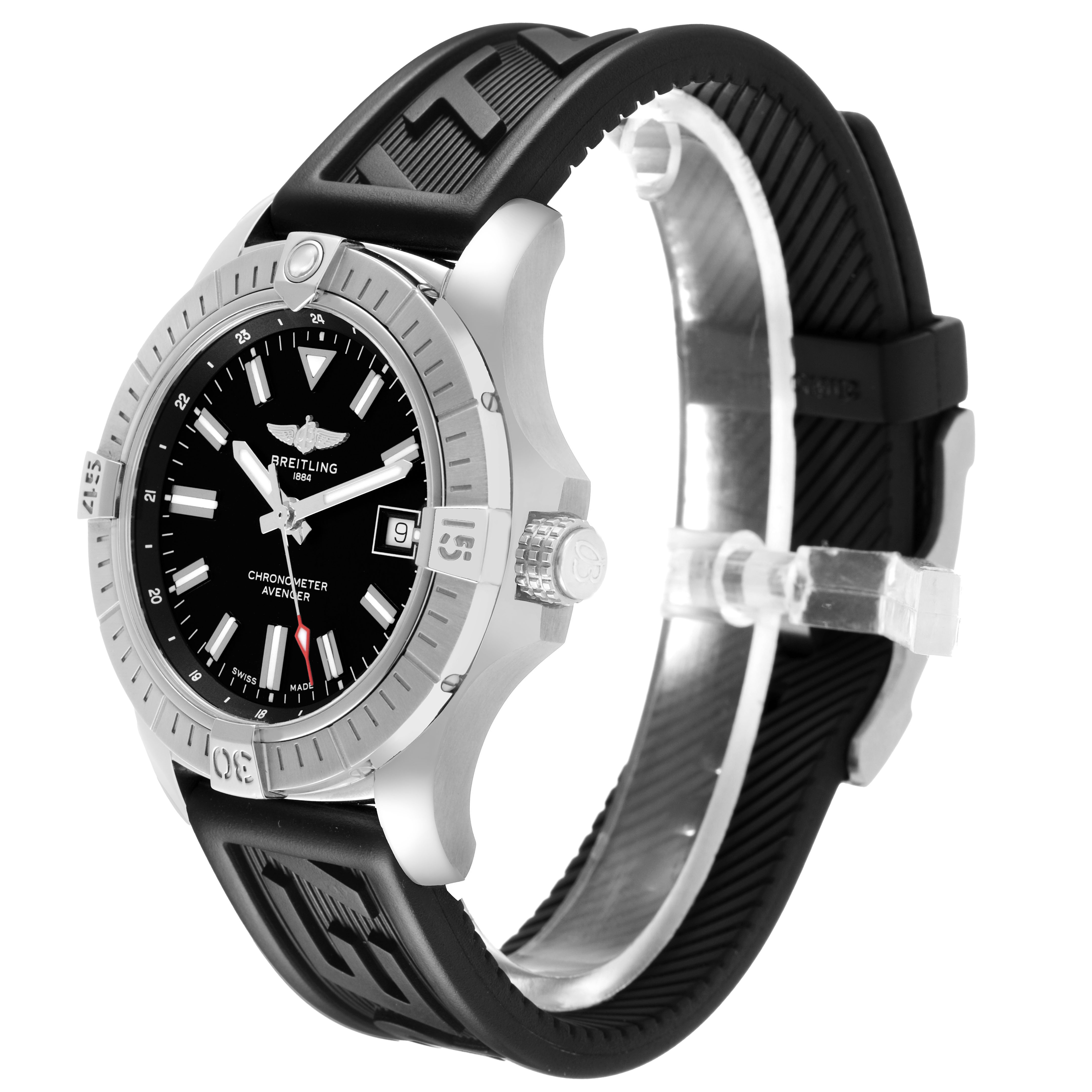 The Breitling Avenger A17318 Men's Stainless Steel Black Dial watch is shown at a slight angle, highlighting the bezel, dial, crown, and rubber strap.