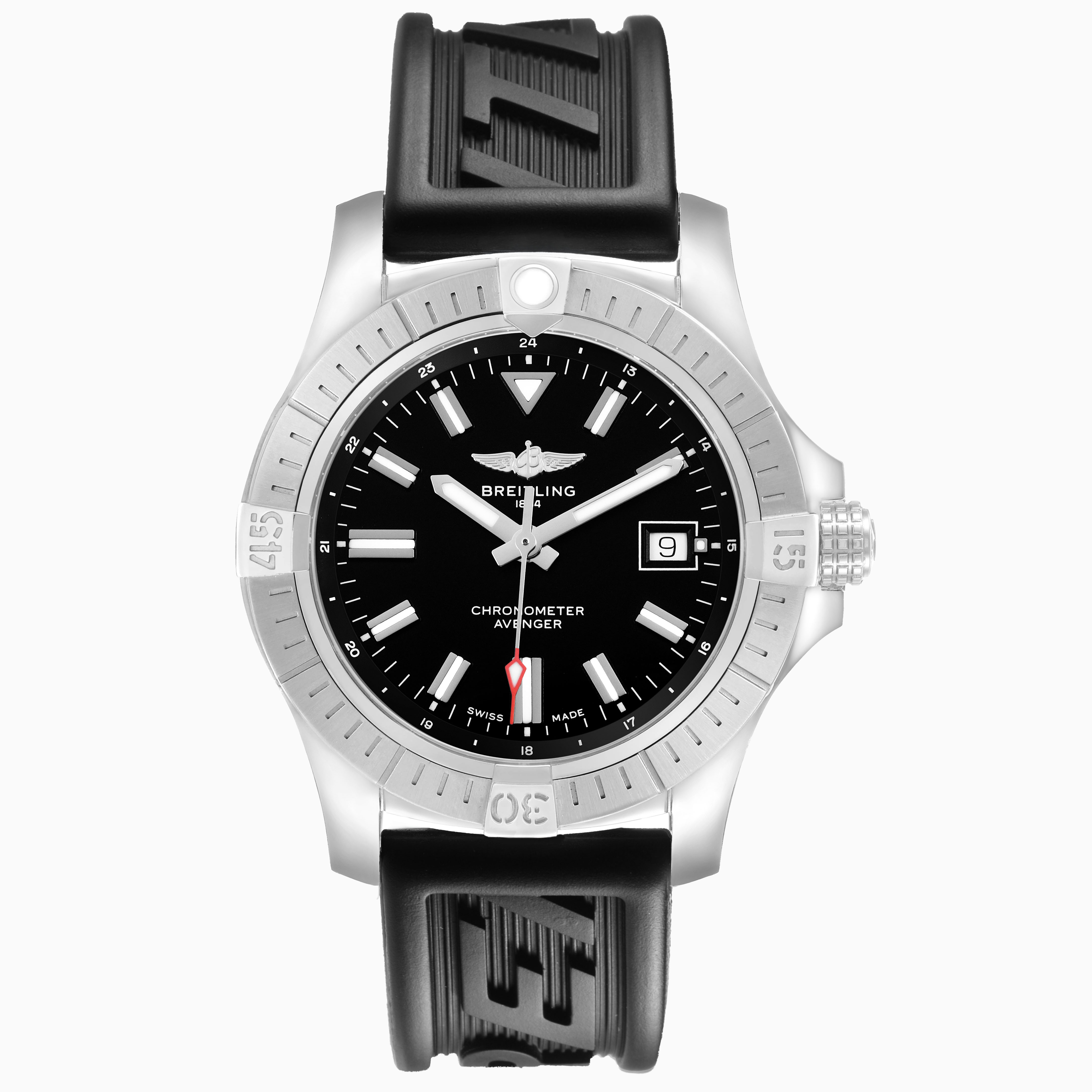 The Breitling Avenger A17318 Men's Stainless Steel Black Dial watch is shown from the front, displaying its dial, bezel, and strap.