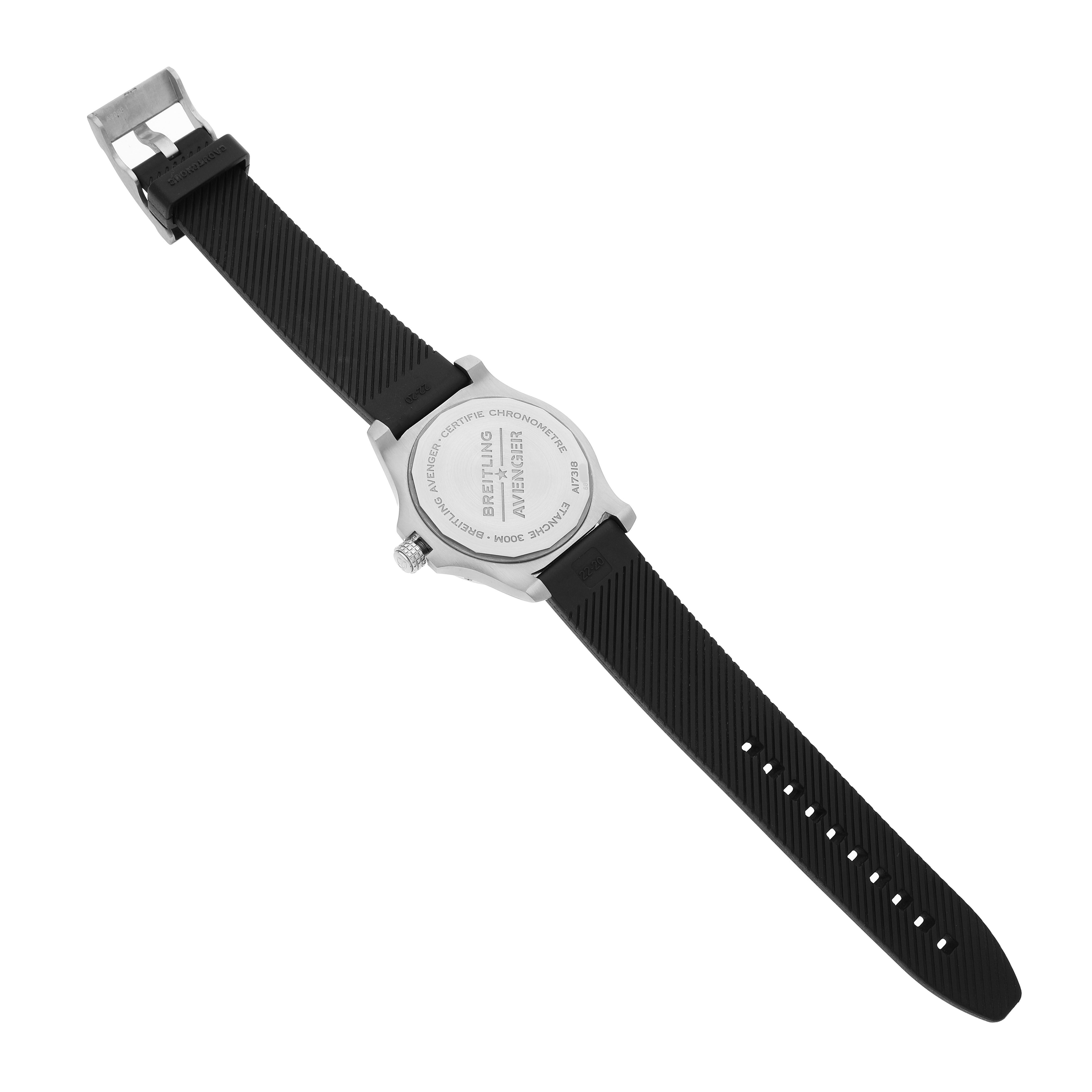 The Breitling Avenger A17318 Men's Stainless Steel Black Dial watch is shown from the back, highlighting the case back, strap, and clasp.