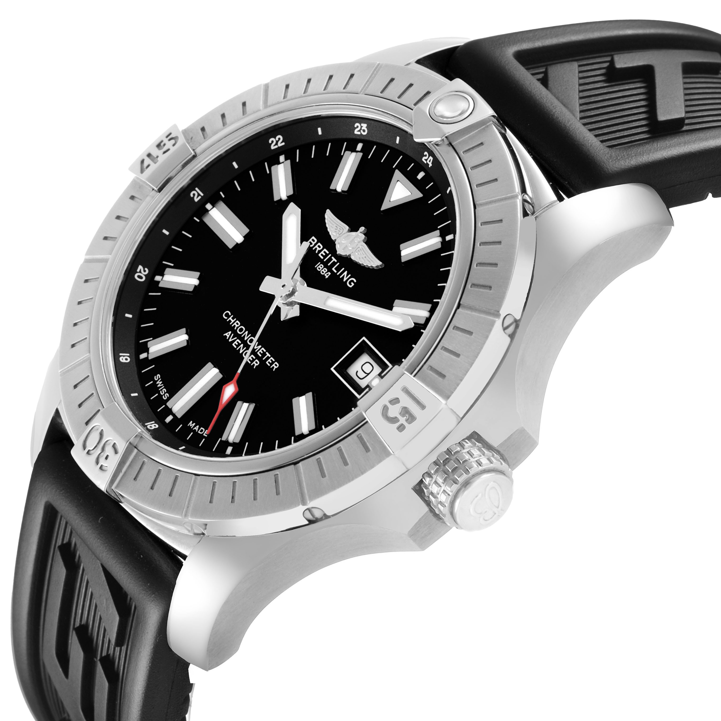 The image shows a side angle of the Breitling Avenger A17318 Men's Stainless Steel Black Dial watch, highlighting the bezel, crown, and black rubber strap.