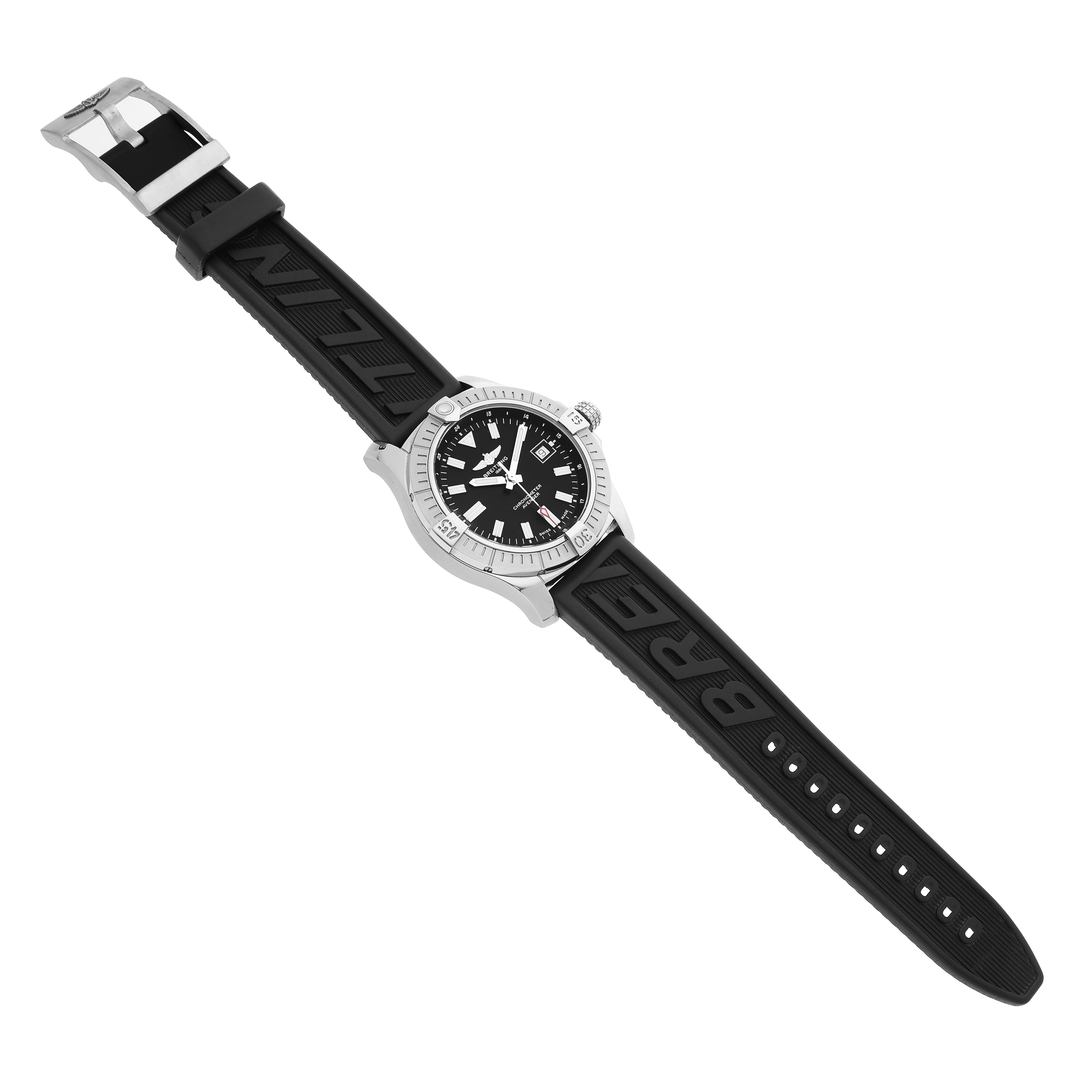The Breitling Avenger A17318 Men's Stainless Steel Black Dial watch is shown from a top-down angle, displaying the full face and black rubber strap.