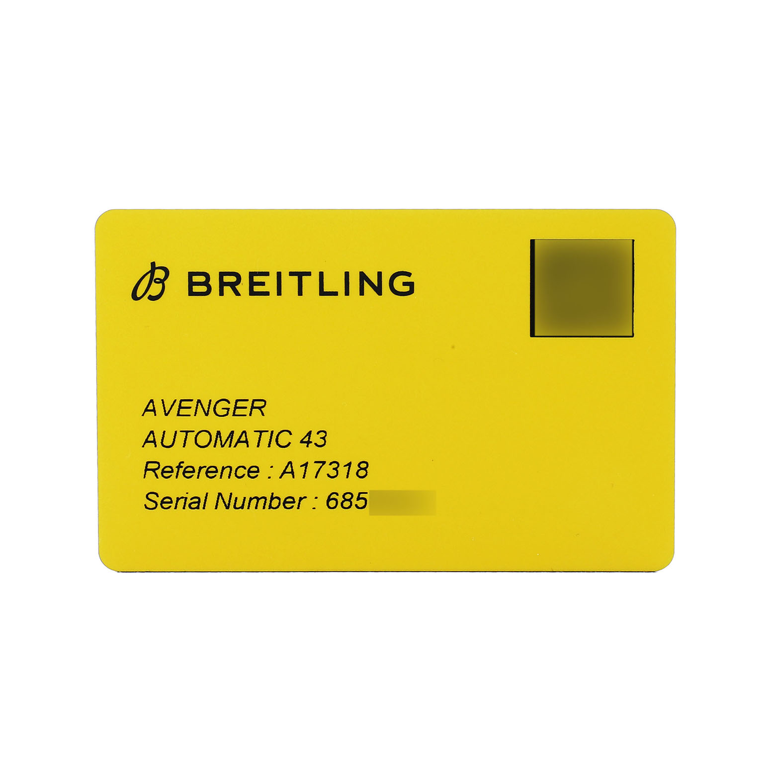 The image shows a yellow warranty card for a Breitling Avenger A17318 Men's Stainless Steel Black Dial Automatic 43, displaying its reference and serial numbers.