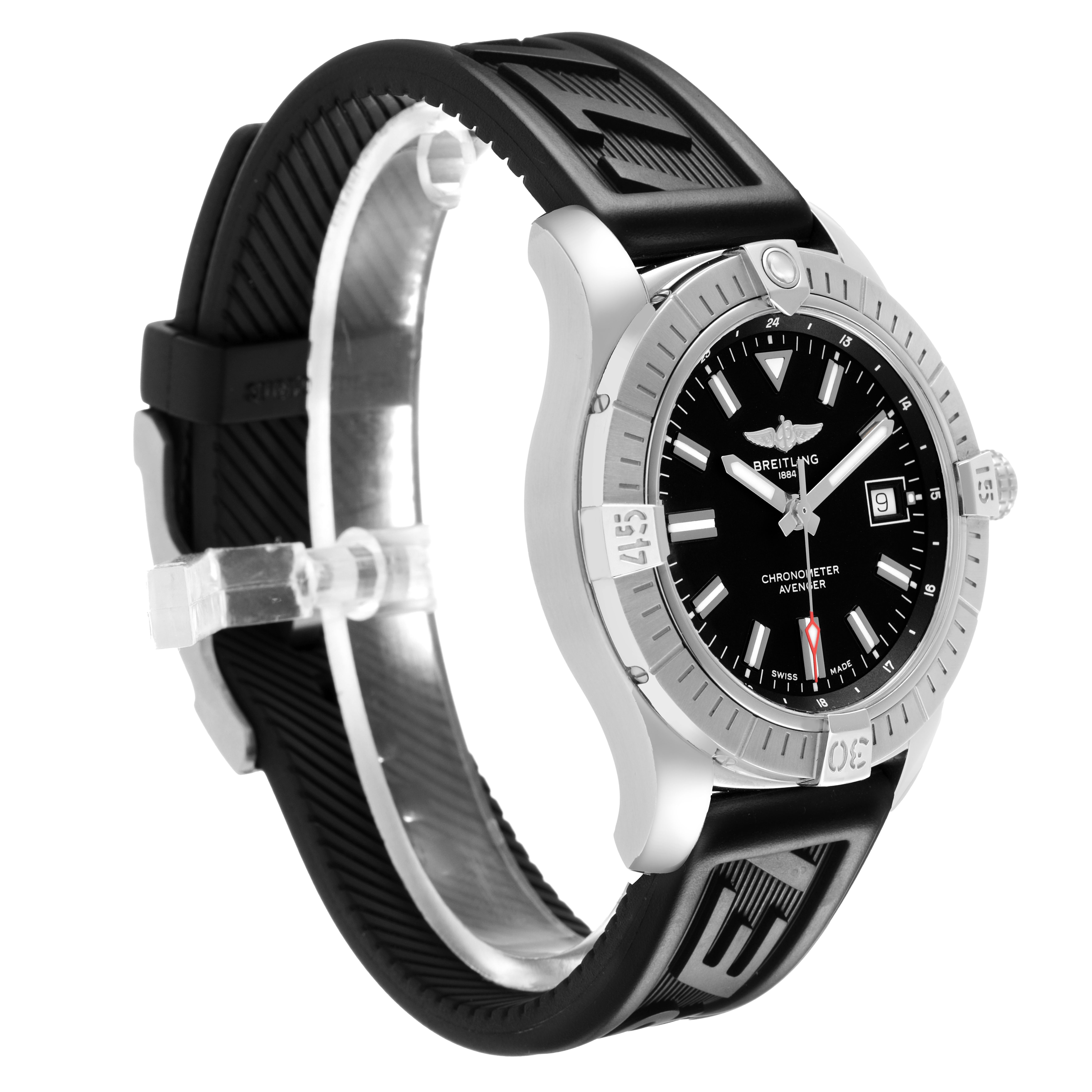 The Breitling Avenger A17318 Men's Stainless Steel Black Dial watch is shown at a slight angle, highlighting the bezel, crown, and black strap.