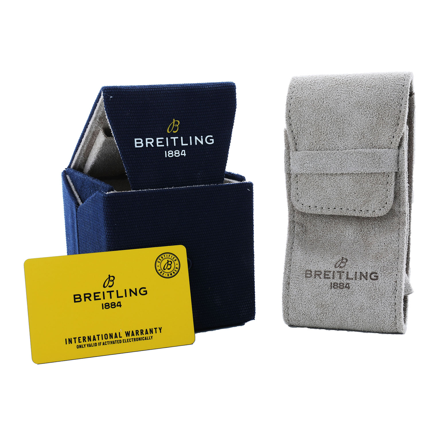 The image shows a Breitling Avenger A17318 Men's Stainless Steel Black Dial watch box, a warranty card, and a suede pouch.
