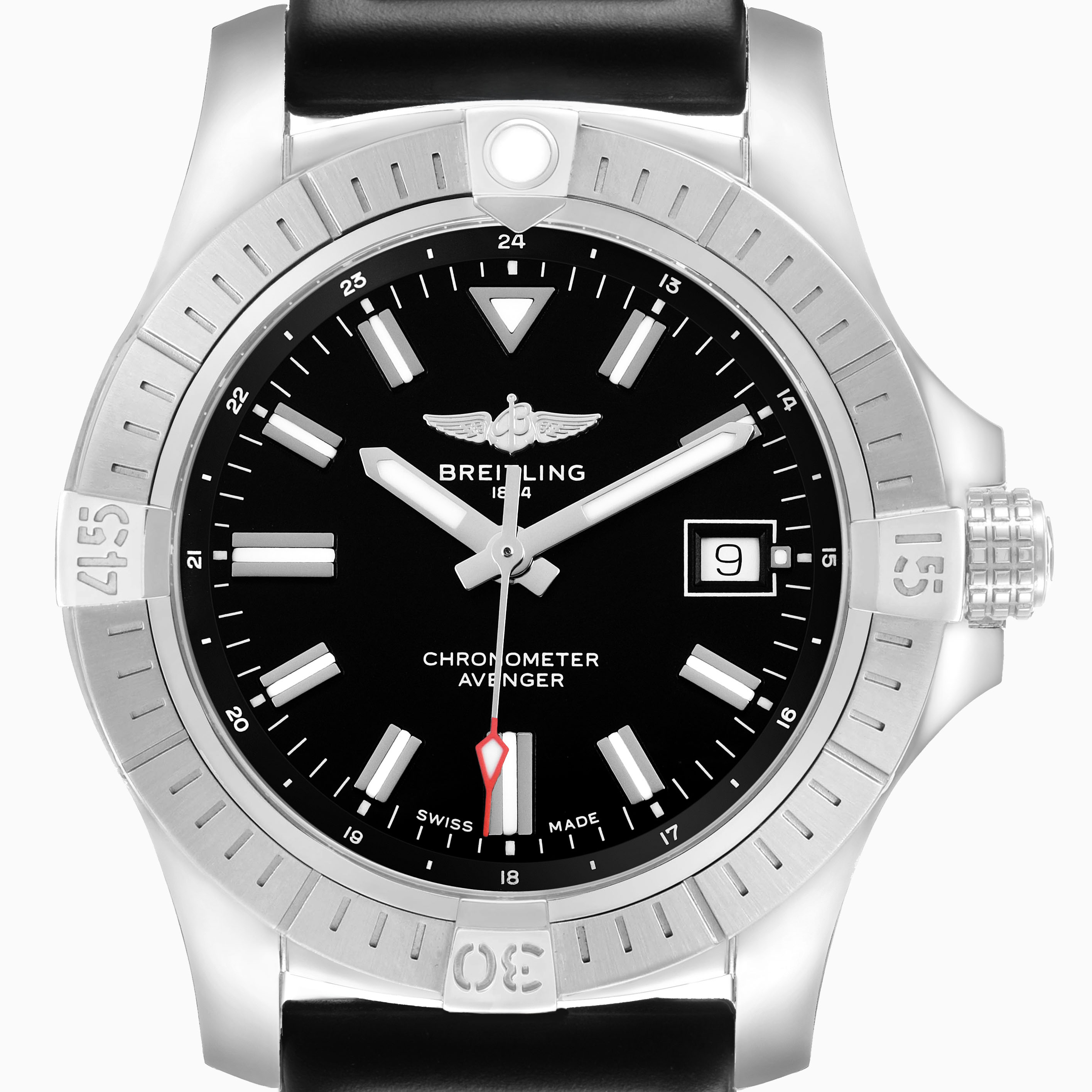 The Breitling Avenger A17318 Men's Stainless Steel Black Dial watch is shown from the front, featuring its bezel, dial, hands, date window, and crown.