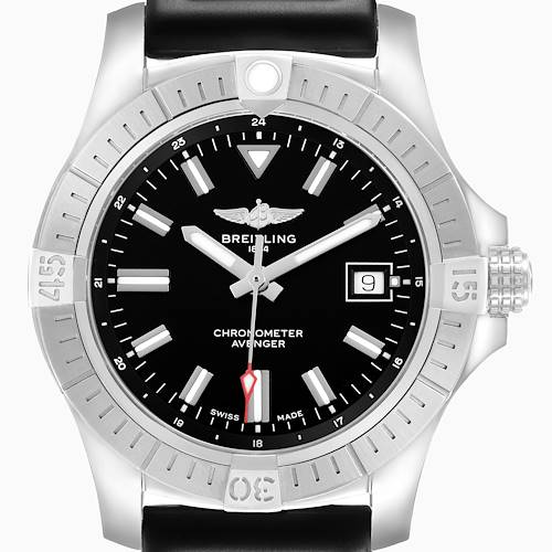 The Breitling Avenger A17318 Men's Stainless Steel Black Dial watch is shown from a straight-on angle, highlighting the dial, bezel, and crown.