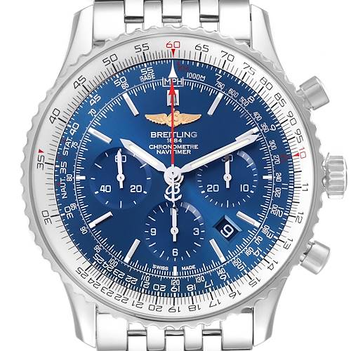 The Breitling Navitimer watch is shown from the front, highlighting its blue dial, chronograph subdials, and stainless steel bracelet.