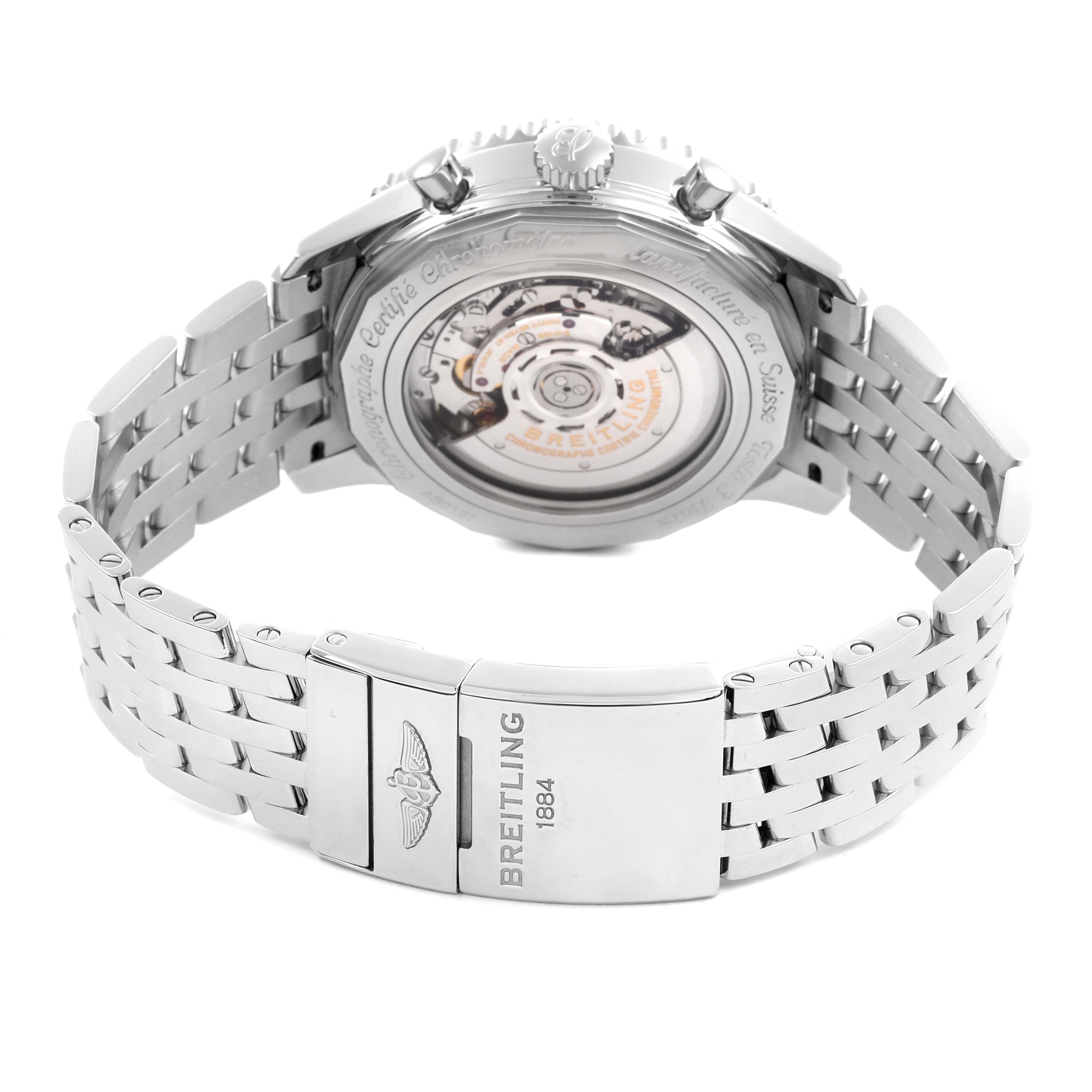 The Breitling Navitimer AB0127 Men's Stainless Steel Blue Dial AB0127 Men's Stainless Steel Blue Dial watch is shown from the back, highlighting the transparent case back and metal bracelet.