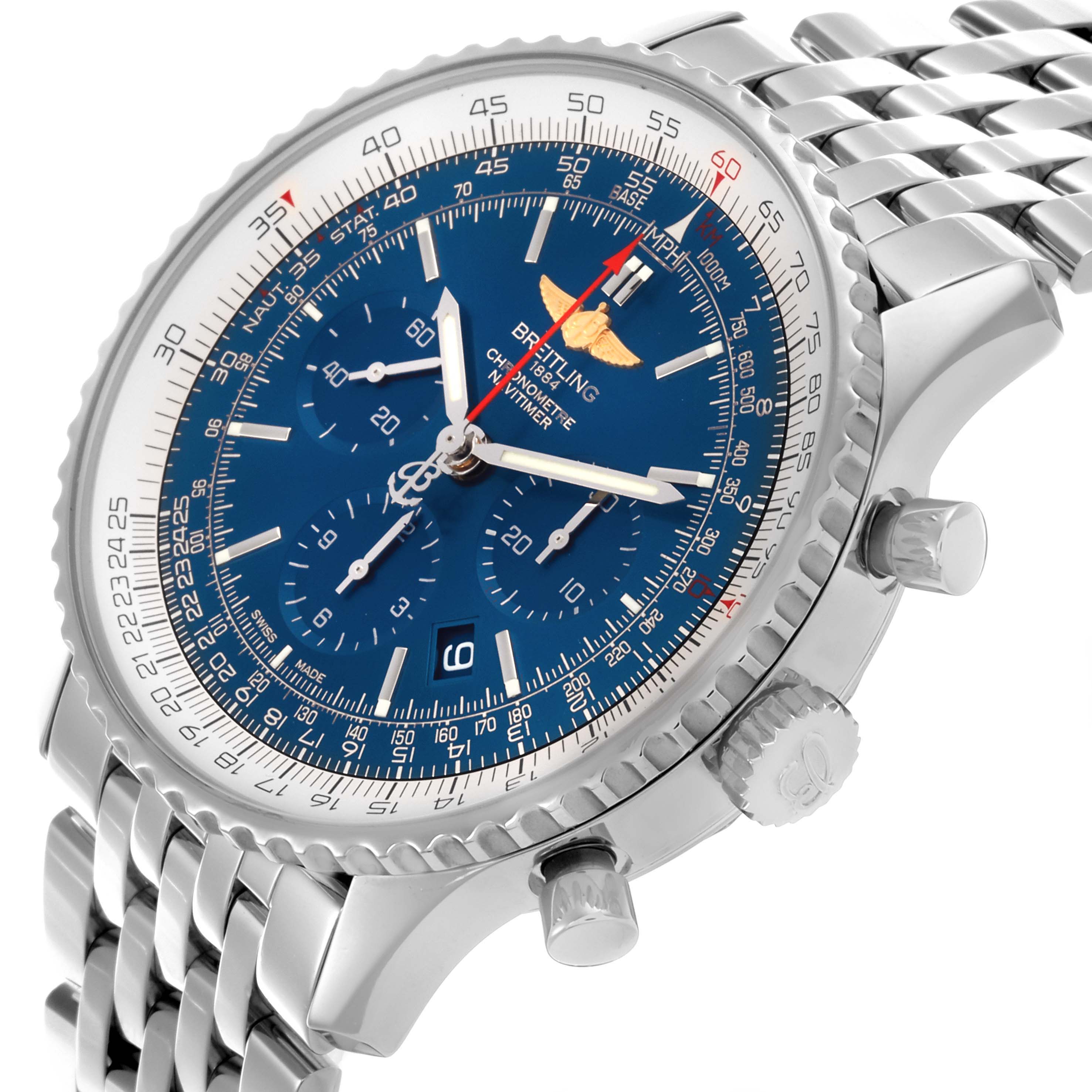 The Breitling Navitimer AB0127 Men's Stainless Steel Blue Dial AB0127 Men's Stainless Steel Blue Dial is shown at an angled side view, highlighting the blue dial, bezel, crown, and stainless steel bracelet.