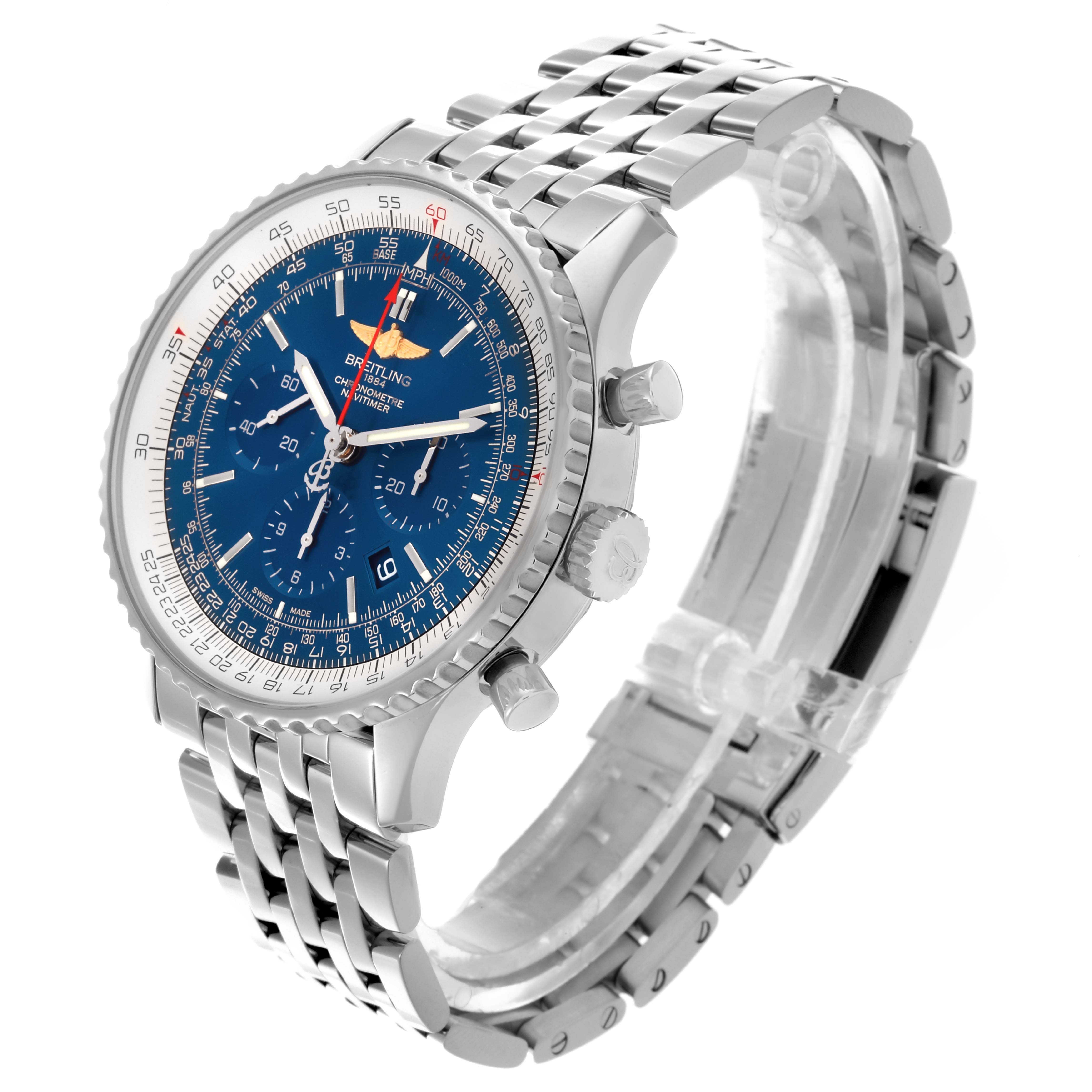 The Breitling Navitimer AB0127 Men's Stainless Steel Blue Dial AB0127 Men's Stainless Steel Blue Dial watch is shown at a three-quarter angle, displaying the face, bezel, crown, and bracelet.