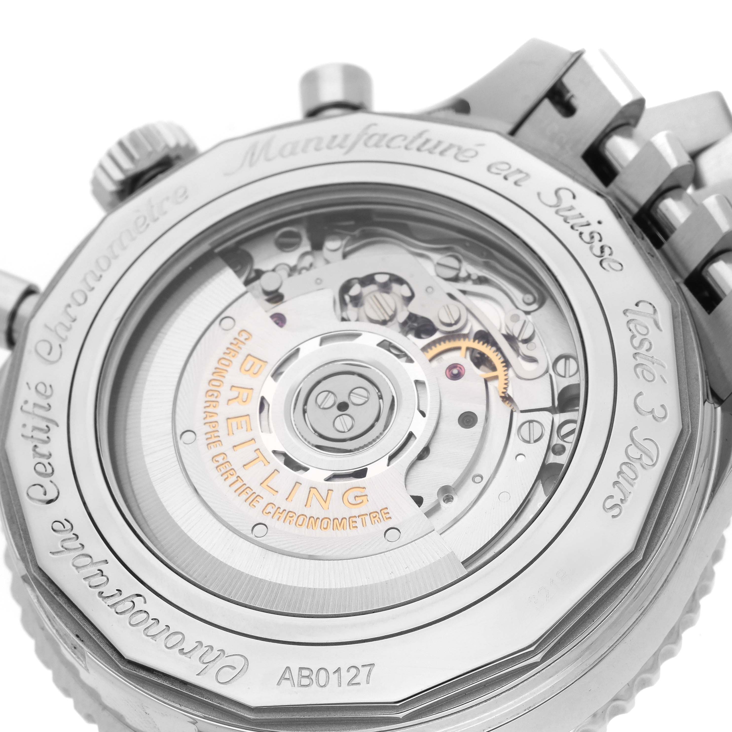 The image shows the back case of a Breitling Navitimer AB0127 Men's Stainless Steel Blue Dial AB0127 Men's Stainless Steel Blue Dial, displaying its intricate internal mechanism.