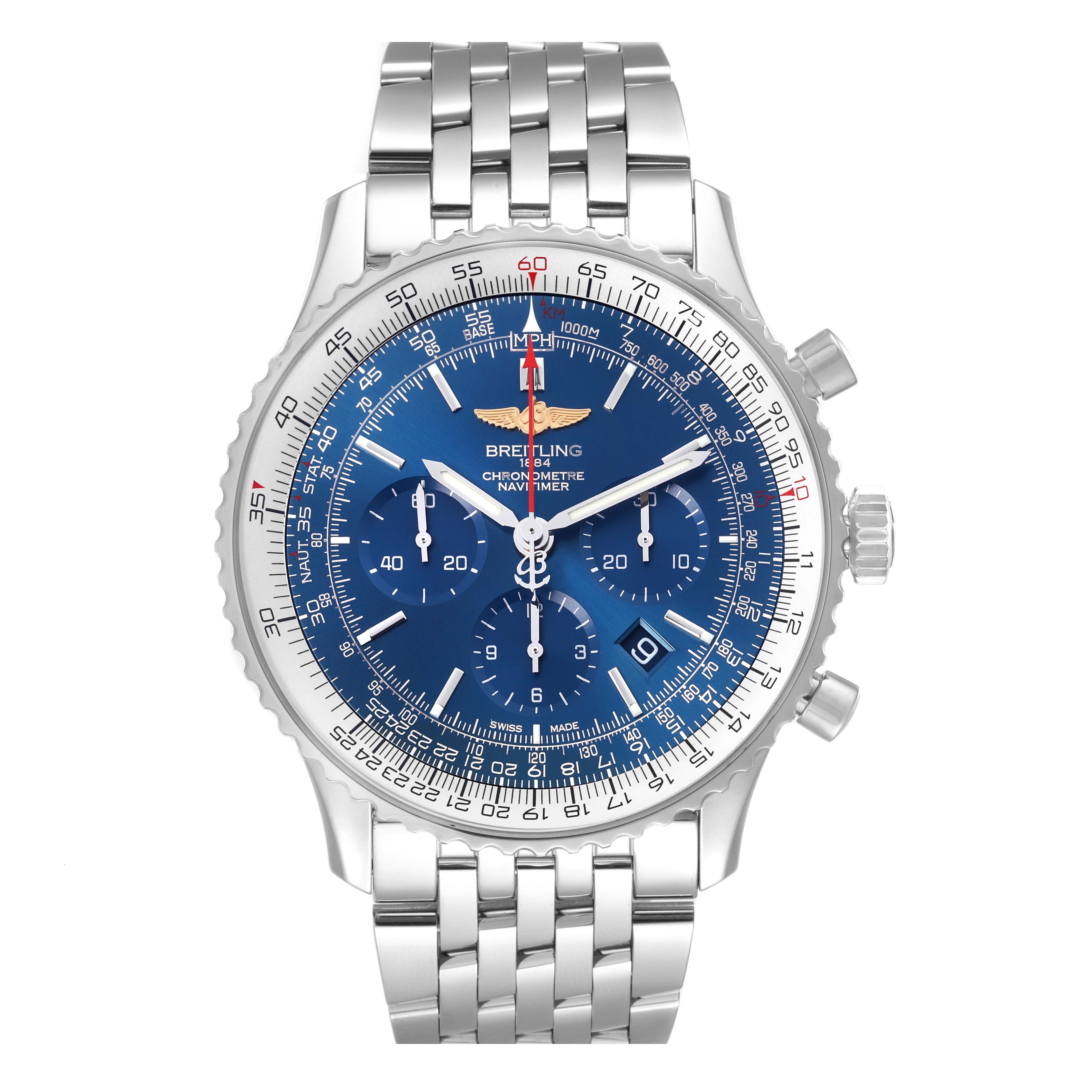 The image shows a front view of the Breitling Navitimer AB0127 Men's Stainless Steel Blue Dial AB0127 Men's Stainless Steel Blue Dial watch, highlighting its blue dial, chronograph dials, and steel bracelet.