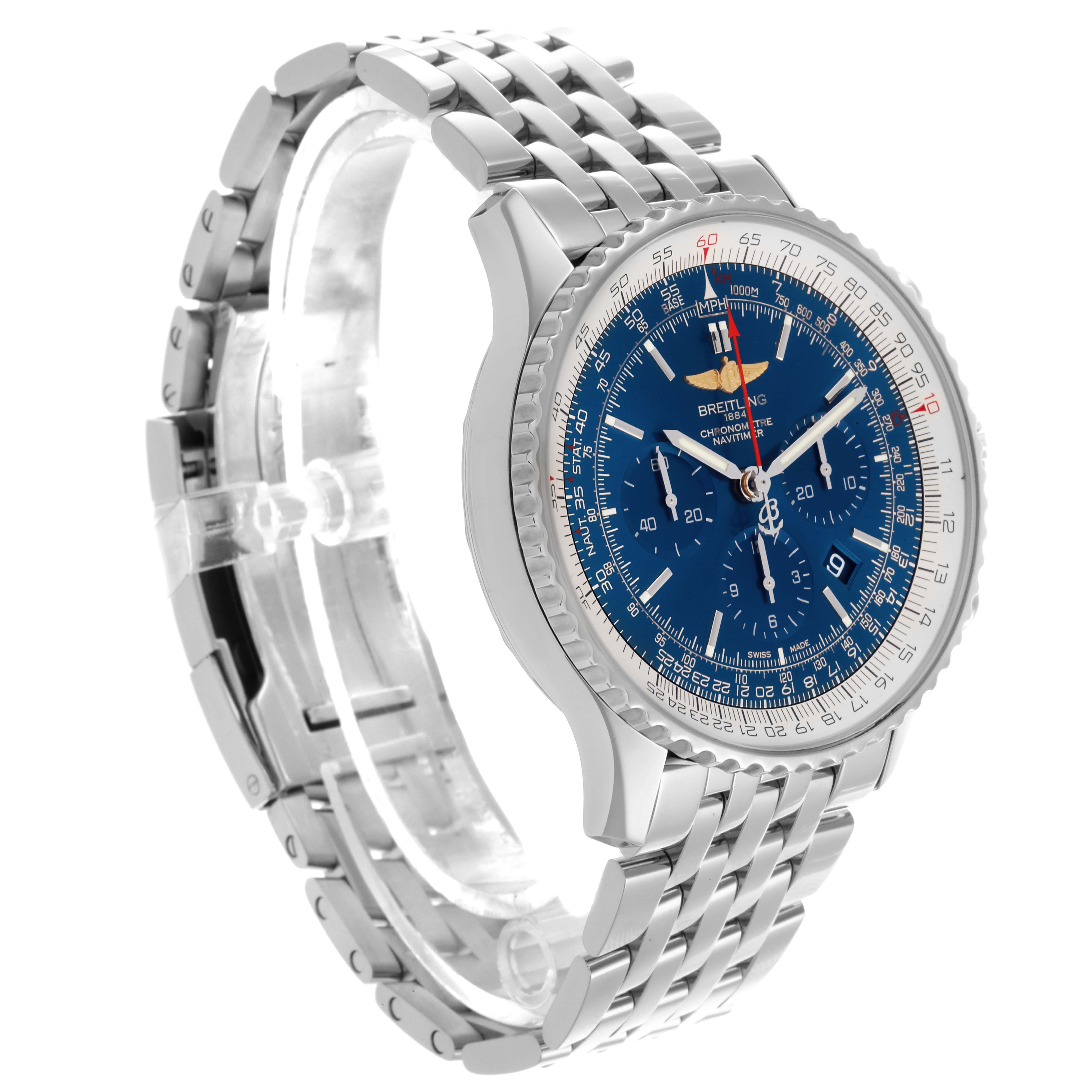 The Breitling Navitimer AB0127 Men's Stainless Steel Blue Dial AB0127 Men's Stainless Steel Blue Dial watch is shown from a three-quarter angle, highlighting the face and stainless steel bracelet.