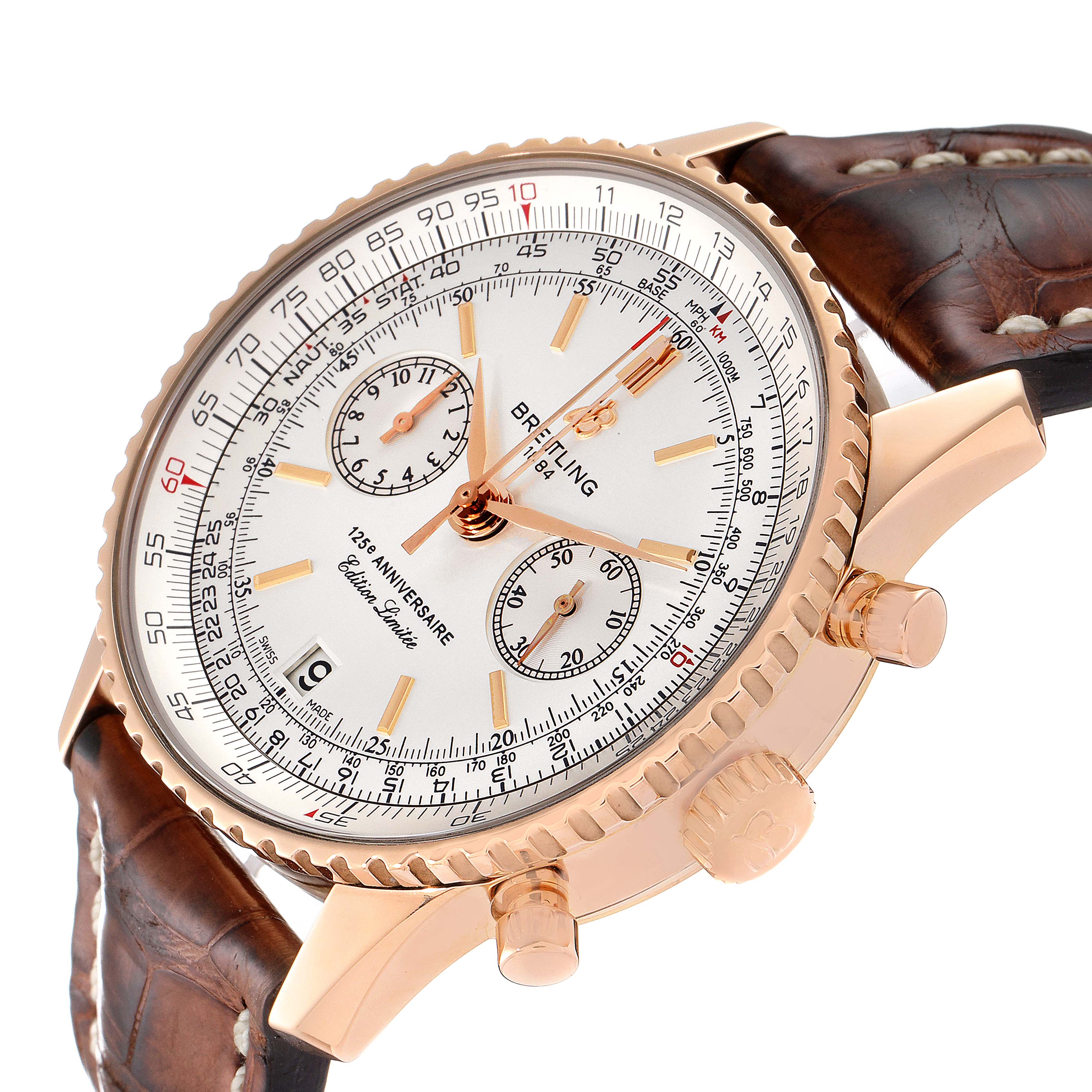 The image shows a close-up angle of the Breitling Navitimer R26322 Men's Rose Gold Silver Dial R26322 Men's Rose Gold Silver Dial watch, highlighting its dial, hands, bezel, and crown.