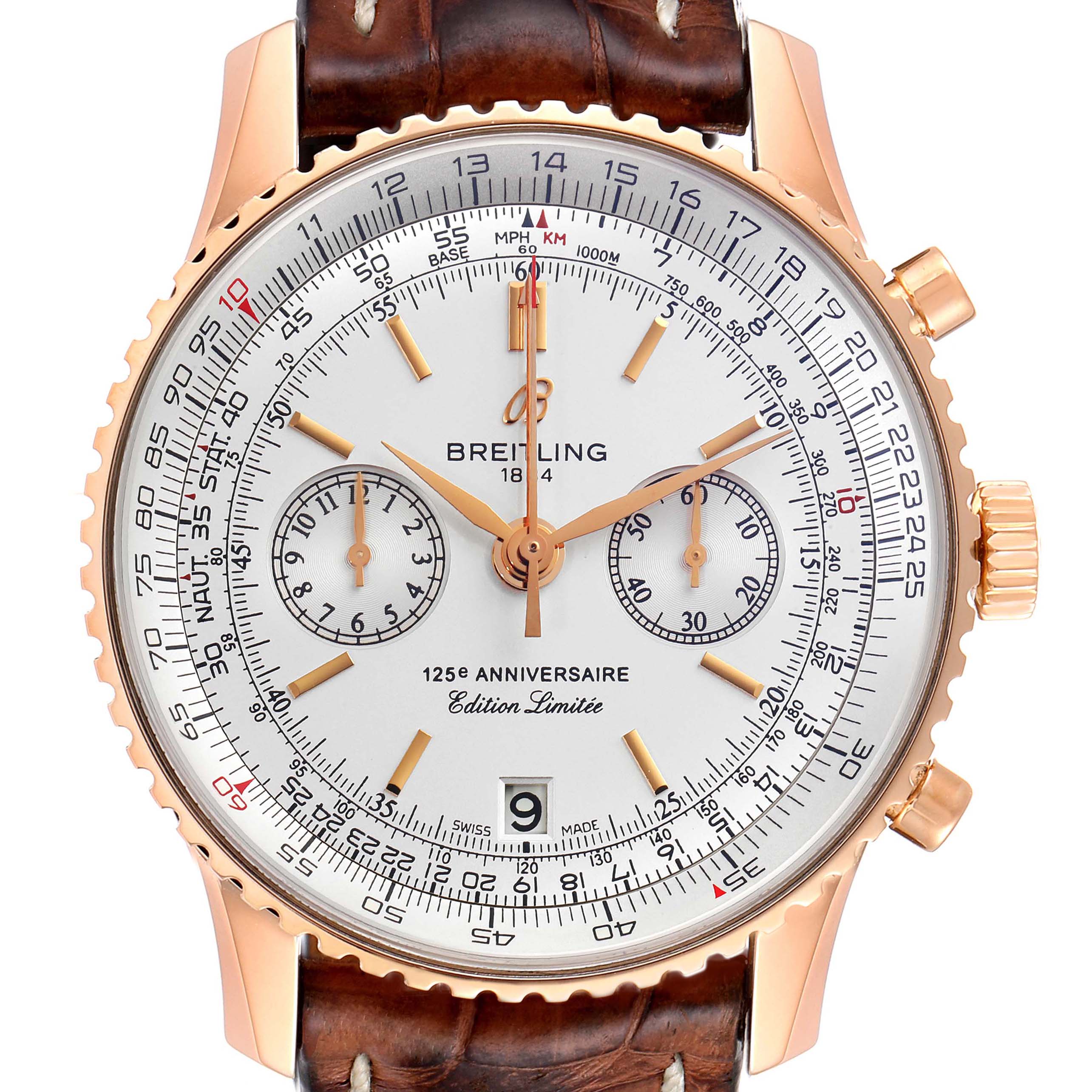 This image shows a front view of a Breitling Navitimer R26322 Men's Rose Gold Silver Dial R26322 Men's Rose Gold Silver Dial watch, featuring a detailed dial and a brown leather strap.