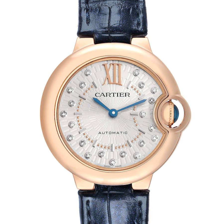 The Cartier Ballon Bleu WGBB0052 Women's Rose Gold Silver Dial watch is shown from the front, highlighting the face, bezel, and part of the strap.