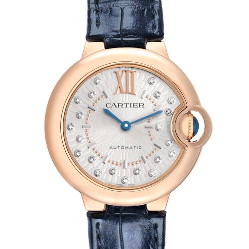The Cartier Ballon Bleu WGBB0052 Women's Rose Gold Silver Dial watch is shown from a top view, displaying the face, bezel, strap attachment, and crown.