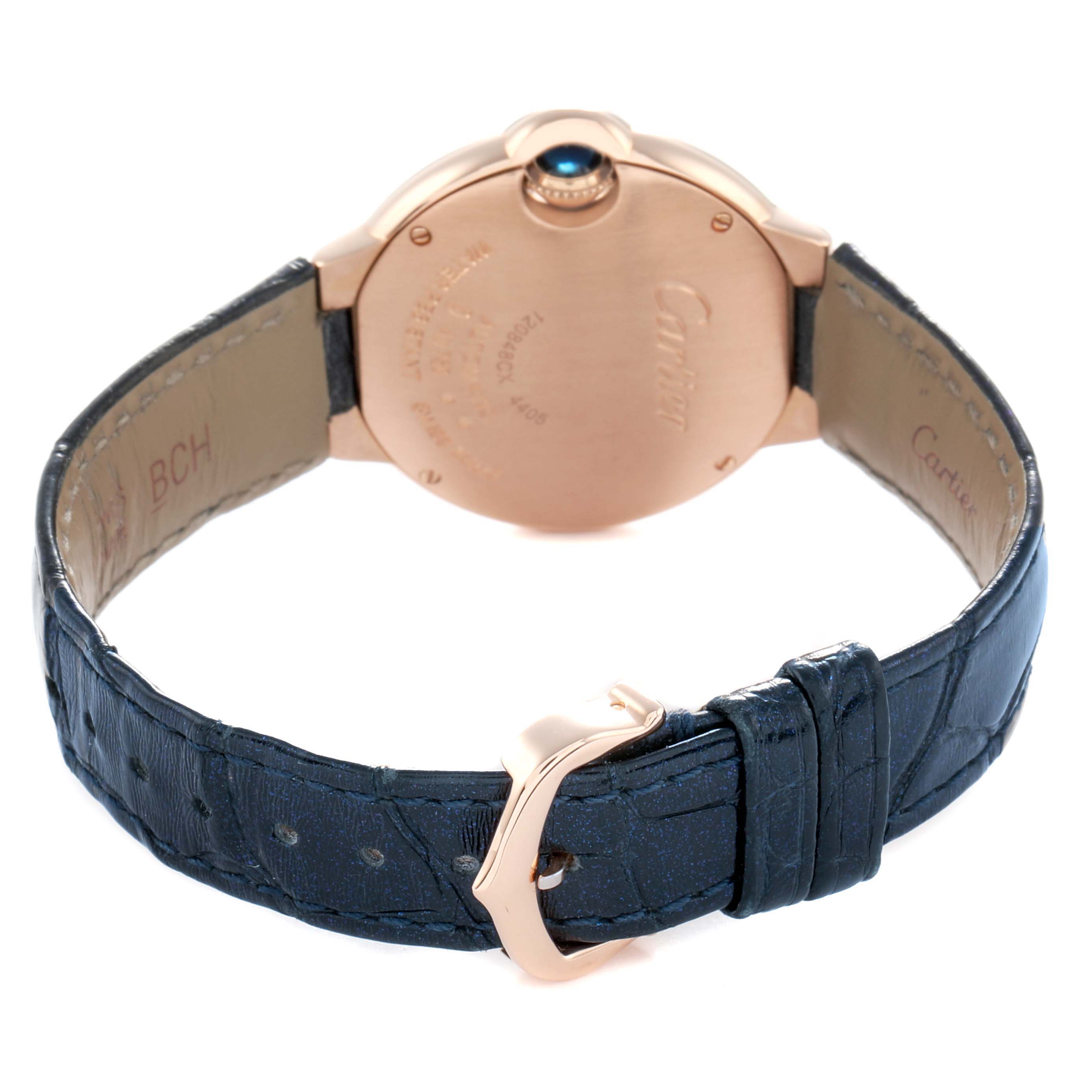 The image shows the back view of a Cartier Ballon Bleu WGBB0053 Women
s Rose Gold Silver Dial watch, highlighting the case back, strap, and clasp.
