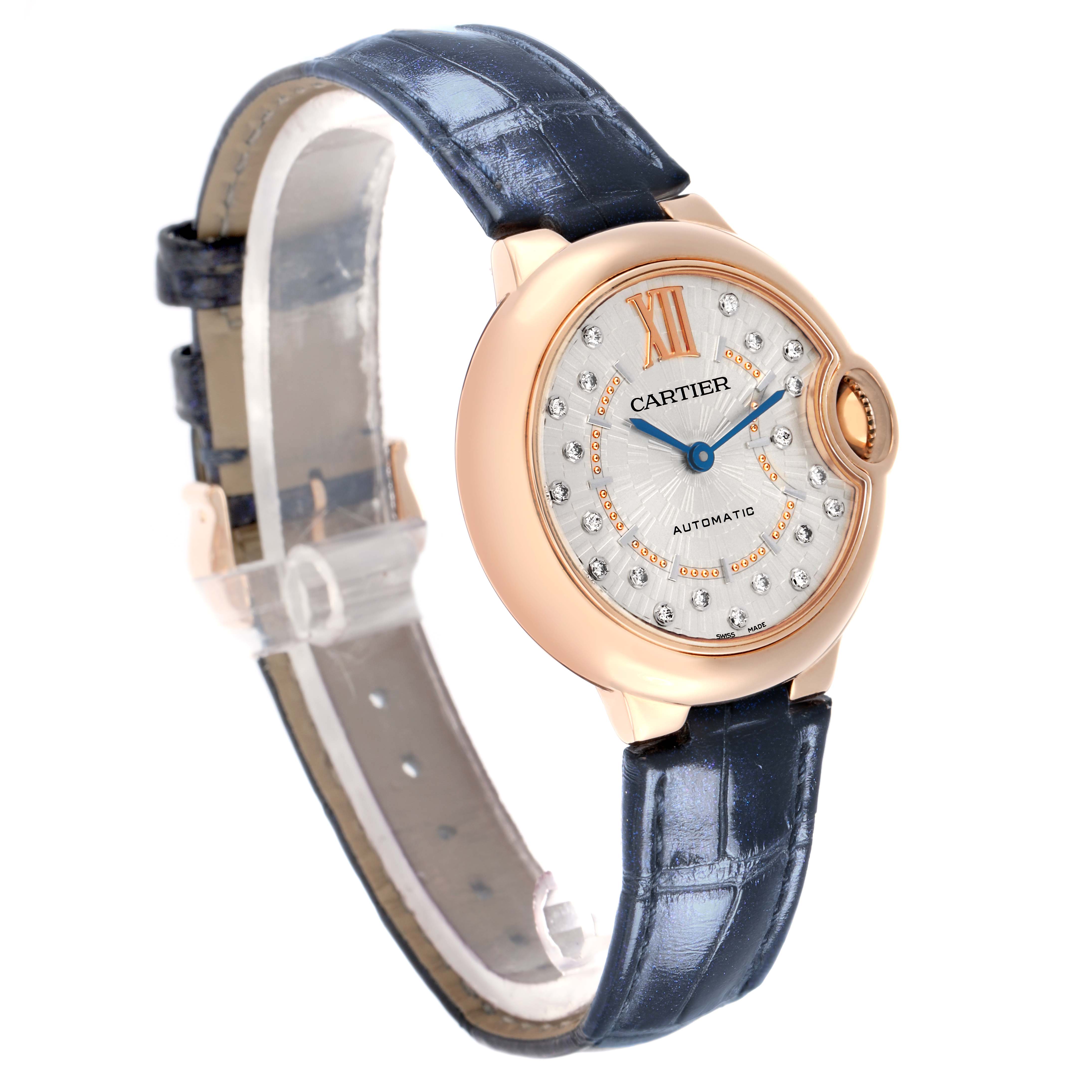 The Cartier Ballon Bleu WGBB0053 Women
s Rose Gold Silver Dial watch is shown at a side angle, highlighting the face, strap, and crown.