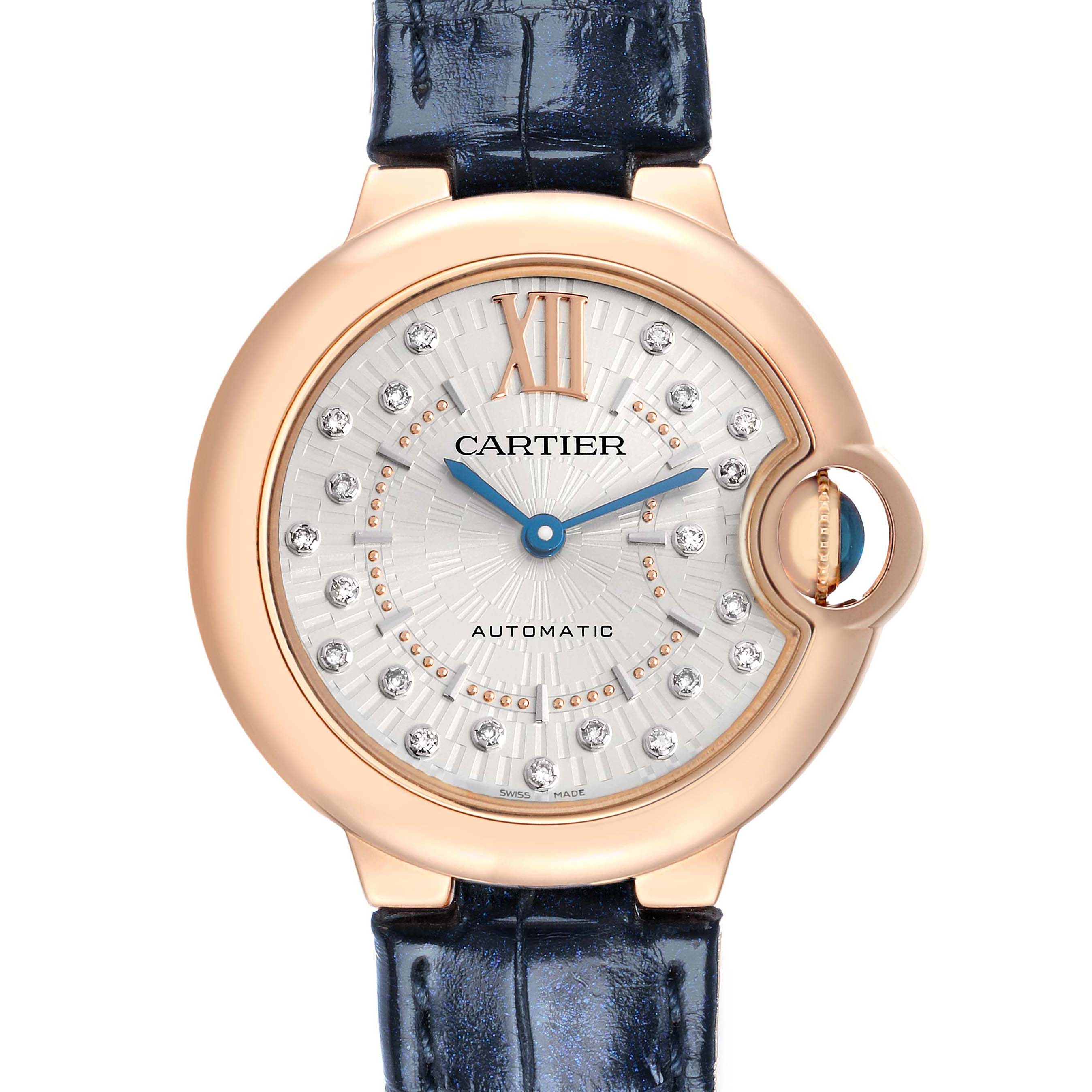 The Cartier Ballon Bleu WGBB0053 Women
s Rose Gold Silver Dial watch is shown from the front, highlighting the face, case, and strap attachment.