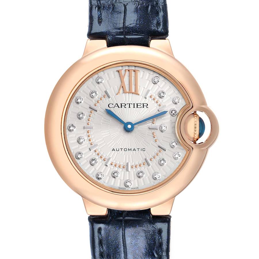The Cartier Ballon Bleu WGBB0053 Women
s Rose Gold Silver Dial watch is shown from the front, highlighting the face, case, and strap attachment.