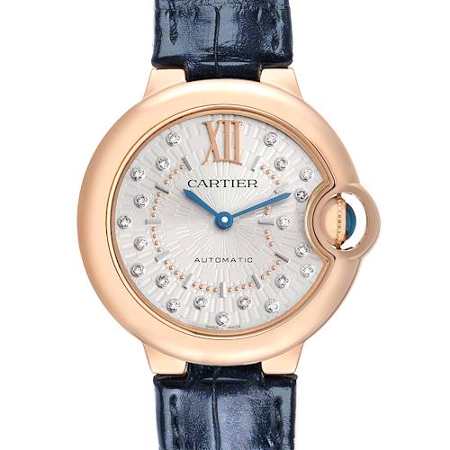 The Cartier Ballon Bleu WGBB0053 Women's Rose Gold Silver Dial watch is shown from the front, displaying the dial, blue hands, Roman numerals, and leather strap.