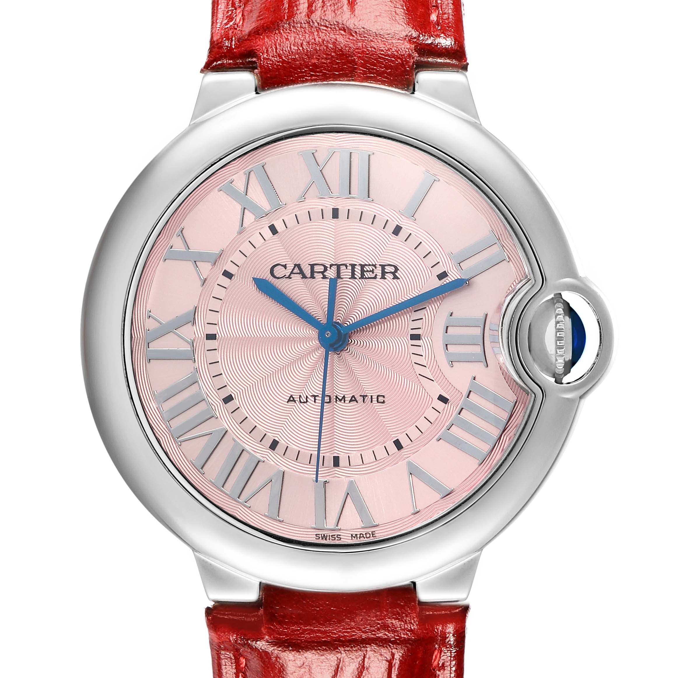 The Cartier Ballon Bleu WSBB0007 Women
s Stainless Steel Pink Dial watch is shown from a top view, highlighting the dial, case, crown, and red strap.