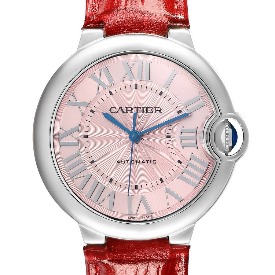 The Cartier Ballon Bleu WSBB0007 Women's Stainless Steel Pink Dial watch is shown from a top view, highlighting the dial, case, crown, and red strap.