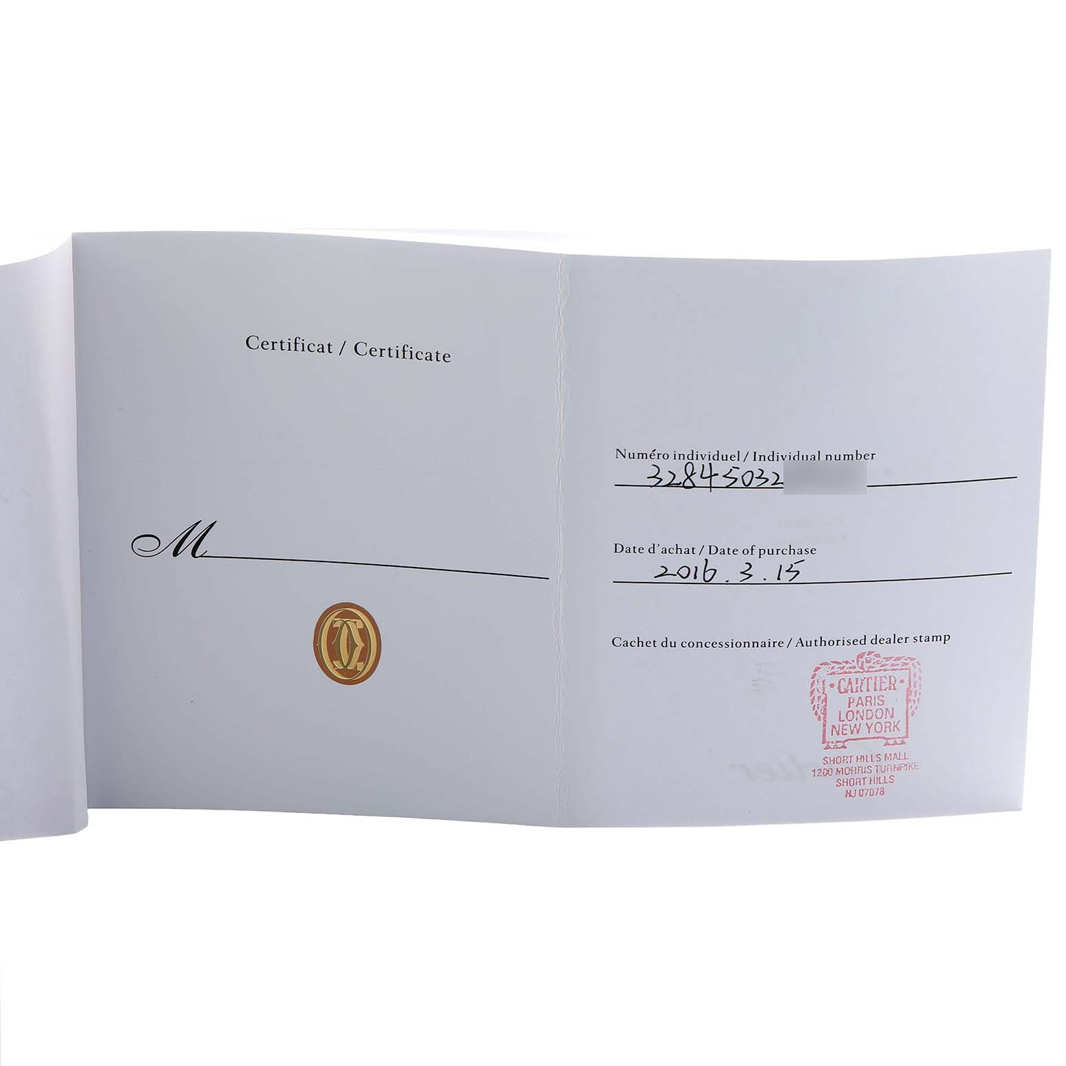 The image shows an open certificate booklet for the Ballon Bleu model by Cartier, displaying purchase details and a dealer stamp.