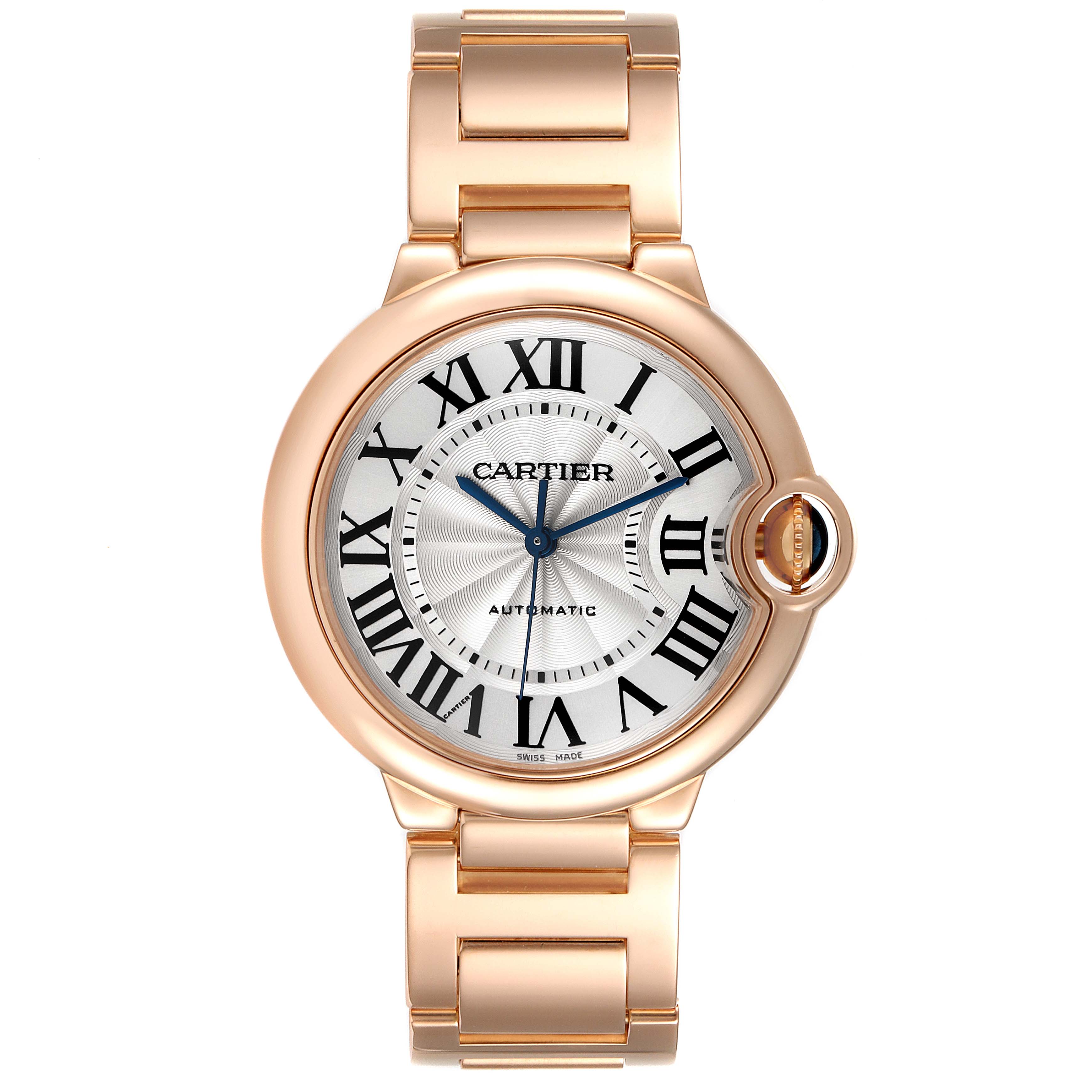 The image shows a front view of the Cartier Ballon Bleu WGBB0043 Men's Rose Gold Silver Dial WGBB0043 Men's Rose Gold Silver Dial watch, displaying the face, hands, strap, and crown.