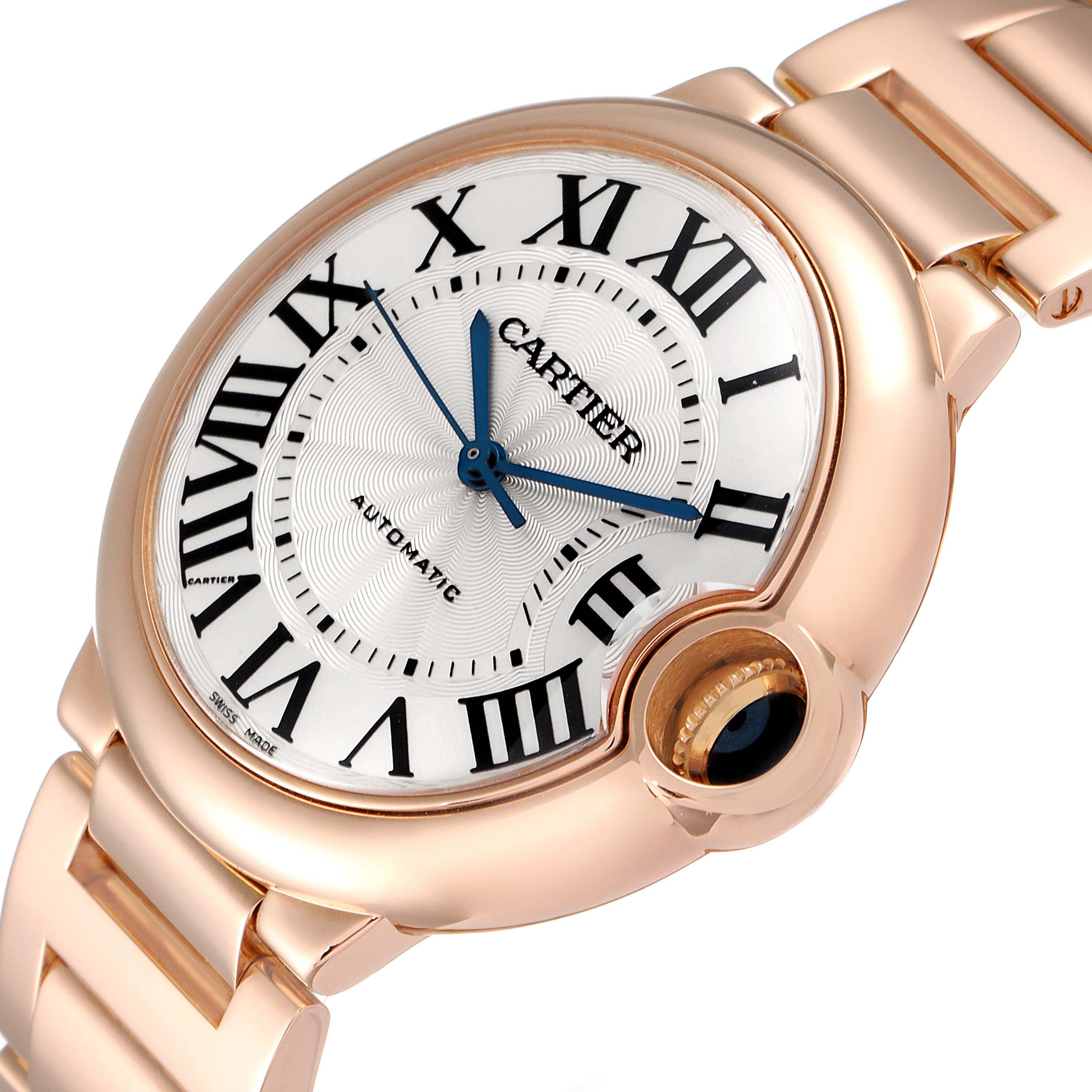 The image shows a close-up angle of a Cartier Ballon Bleu WGBB0043 Men's Rose Gold Silver Dial WGBB0043 Men's Rose Gold Silver Dial watch, highlighting its dial, crown, and part of the band.