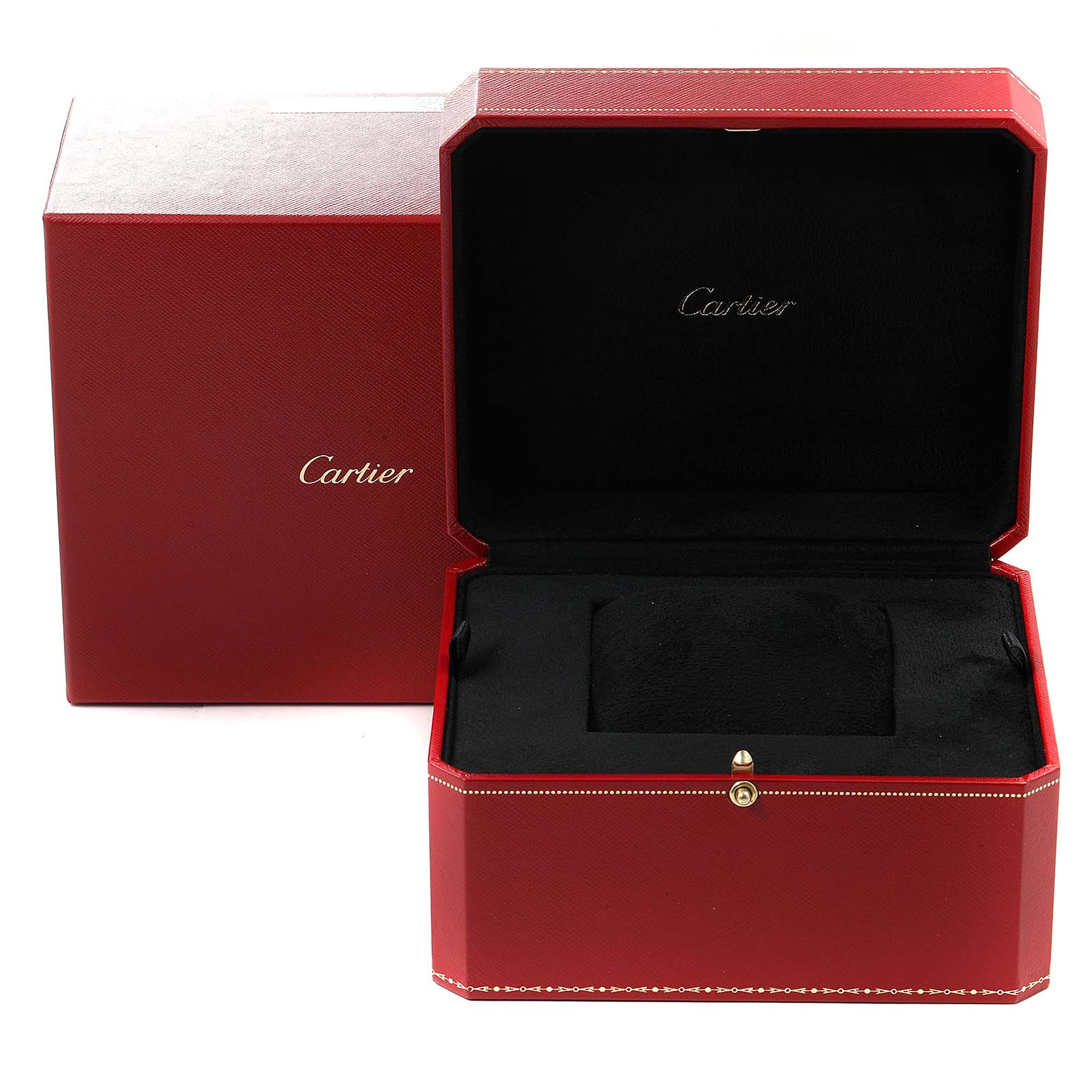 The image shows the open and closed red watch box of the Ballon Bleu model by Cartier.