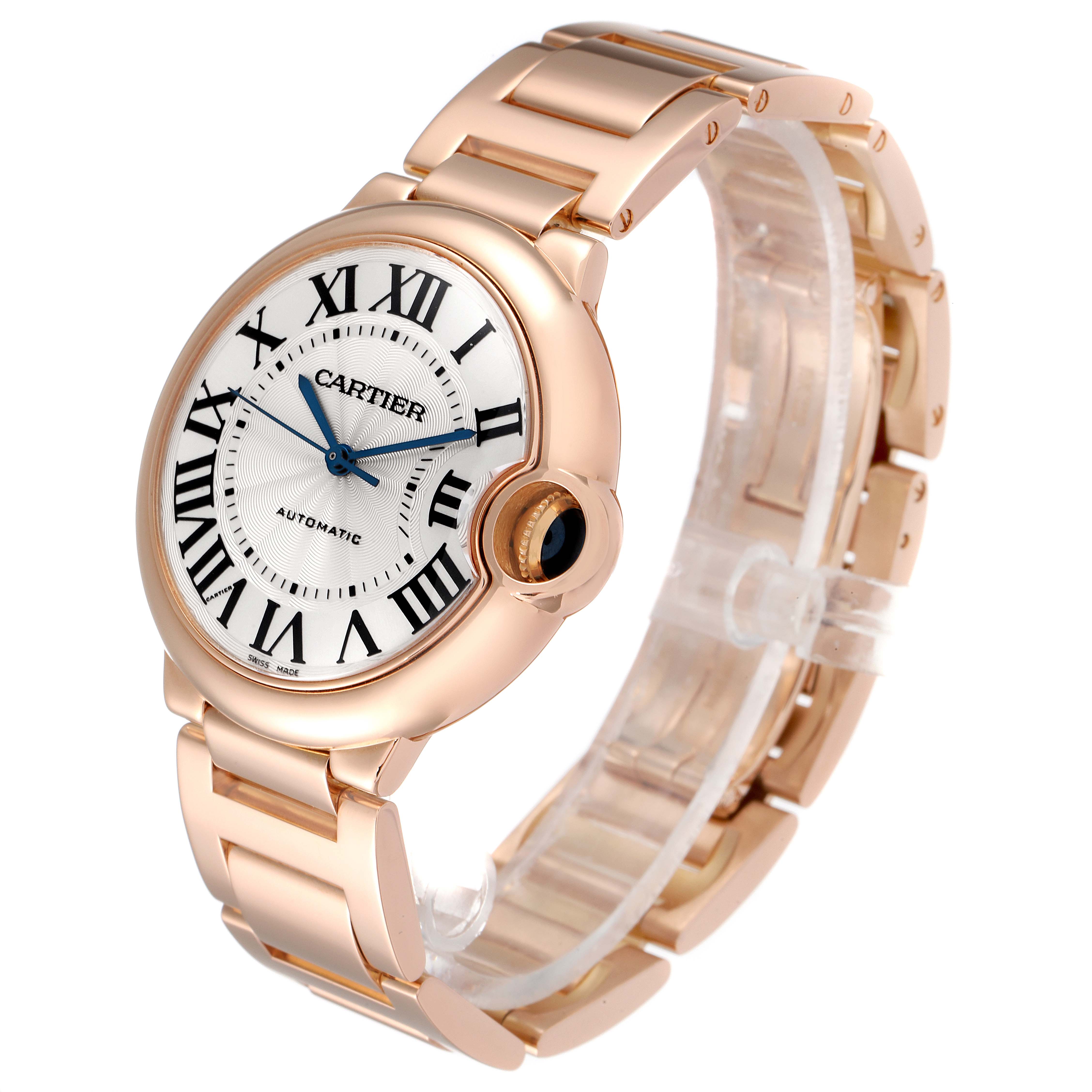 The image shows a three-quarter angle view of a Cartier Ballon Bleu WGBB0043 Men's Rose Gold Silver Dial WGBB0043 Men's Rose Gold Silver Dial watch, highlighting the face, bezel, and metal bracelet.