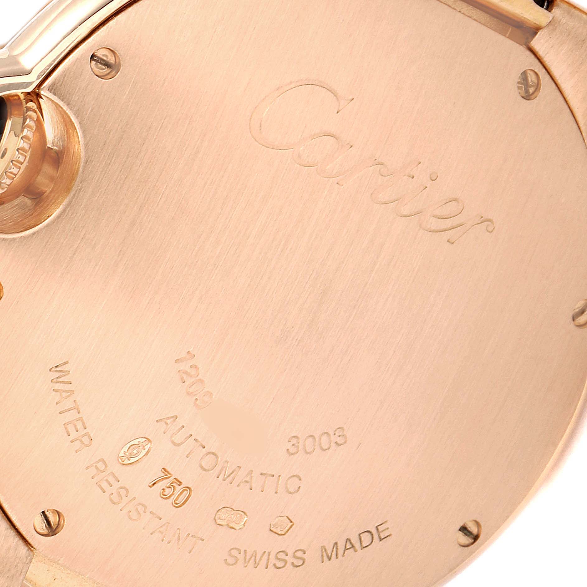 The image shows the back case and part of the crown of a Cartier Ballon Bleu WGBB0043 Men's Rose Gold Silver Dial WGBB0043 Men's Rose Gold Silver Dial watch, highlighting engravings and specifications.