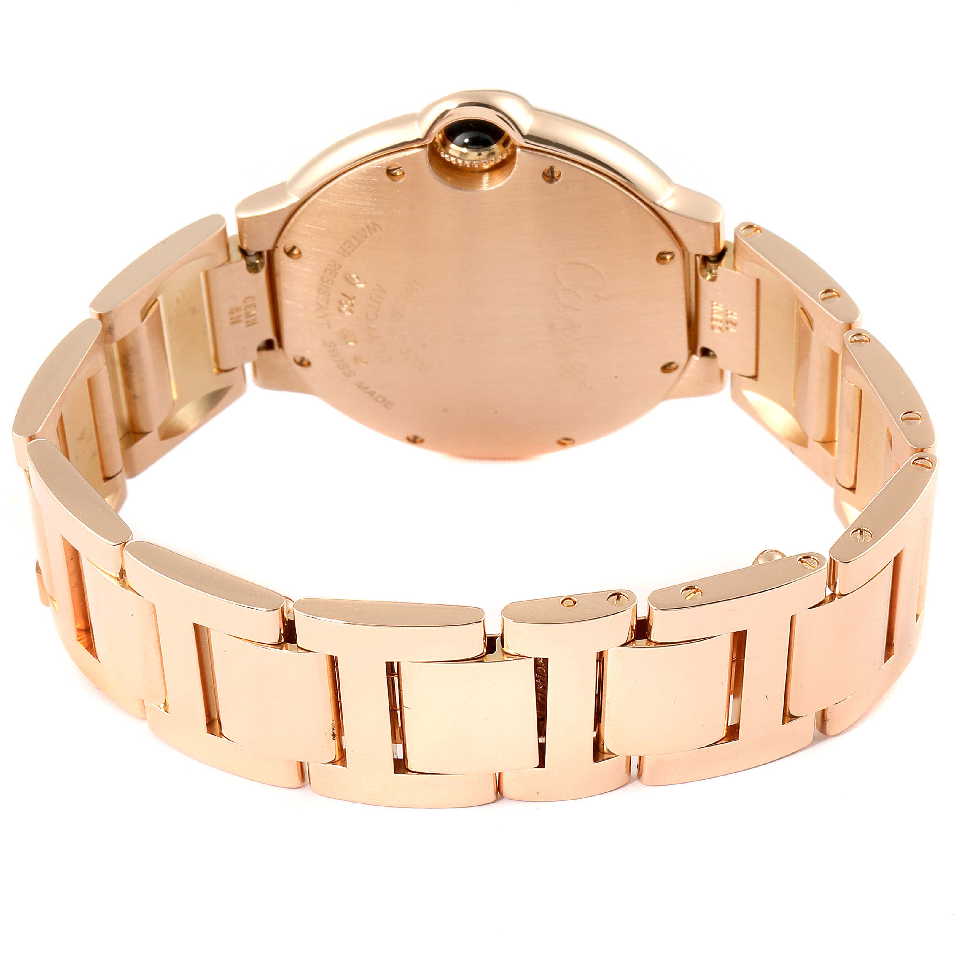 The image shows the back case and bracelet of a Cartier Ballon Bleu WGBB0043 Men's Rose Gold Silver Dial WGBB0043 Men's Rose Gold Silver Dial watch, highlighting its gold-toned links and crown.