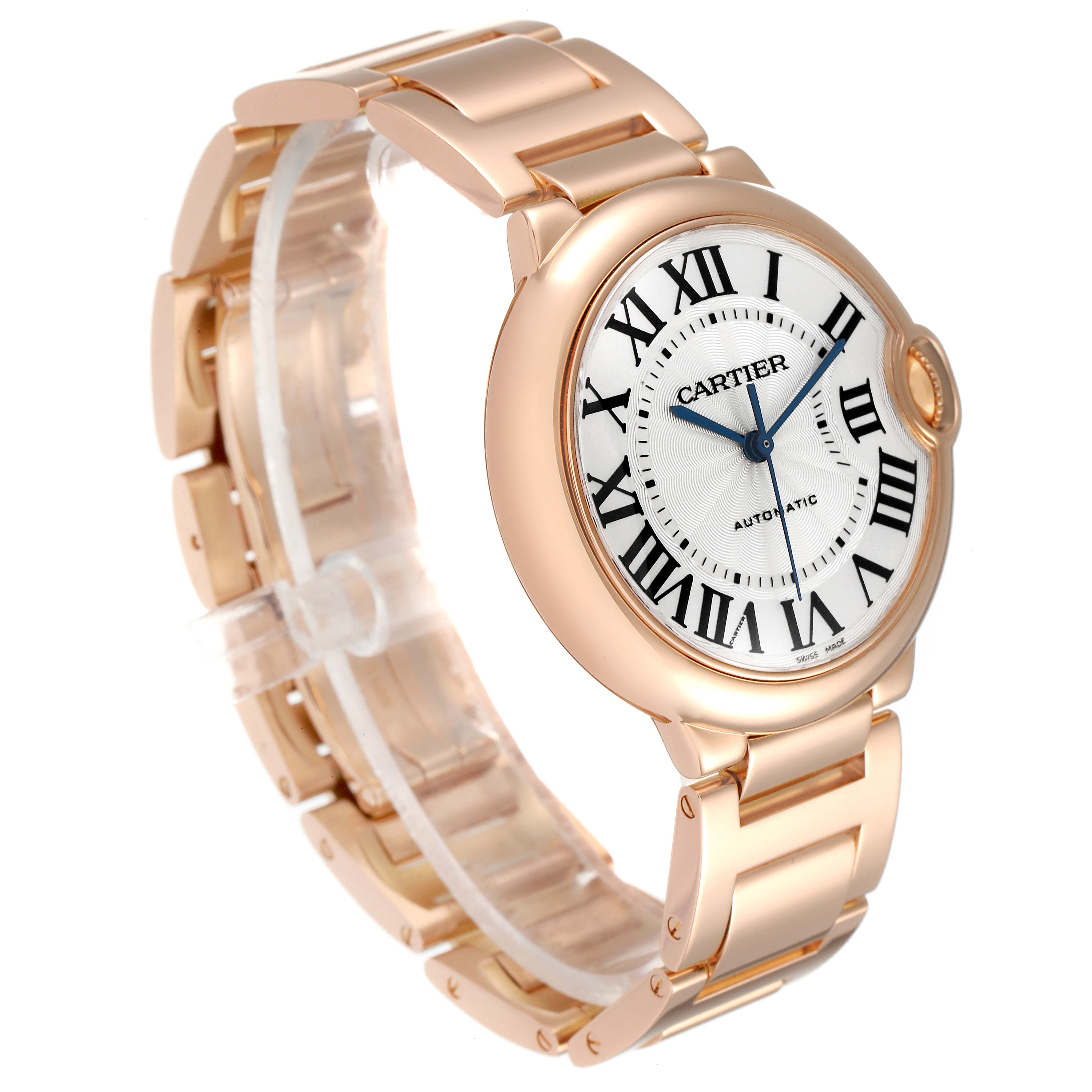 The image shows a Ballon Bleu by Cartier watch angled to display its face, bracelet, and crown.