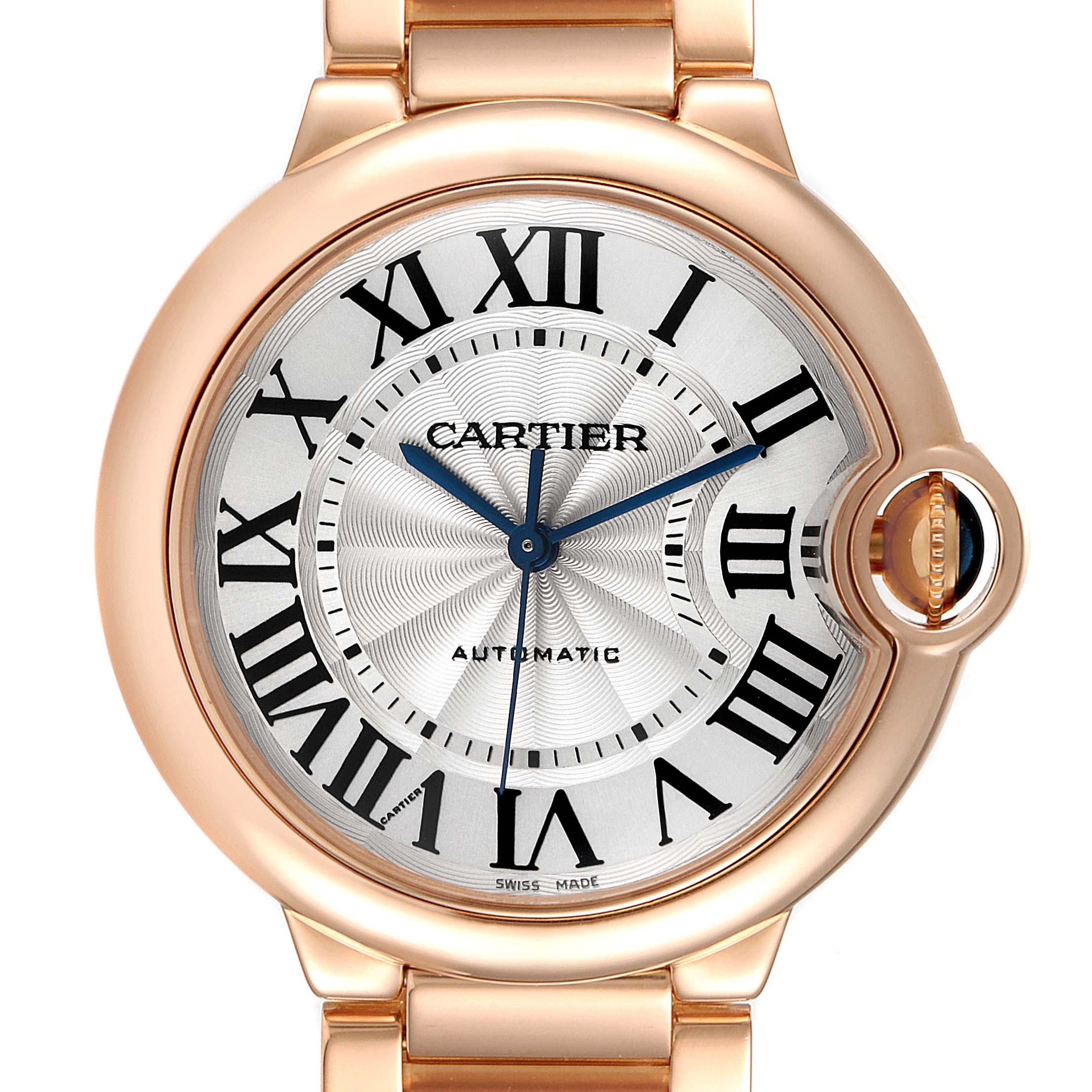 This image shows a close-up of the Ballon Bleu de Cartier watch face and part of the bracelet in gold.