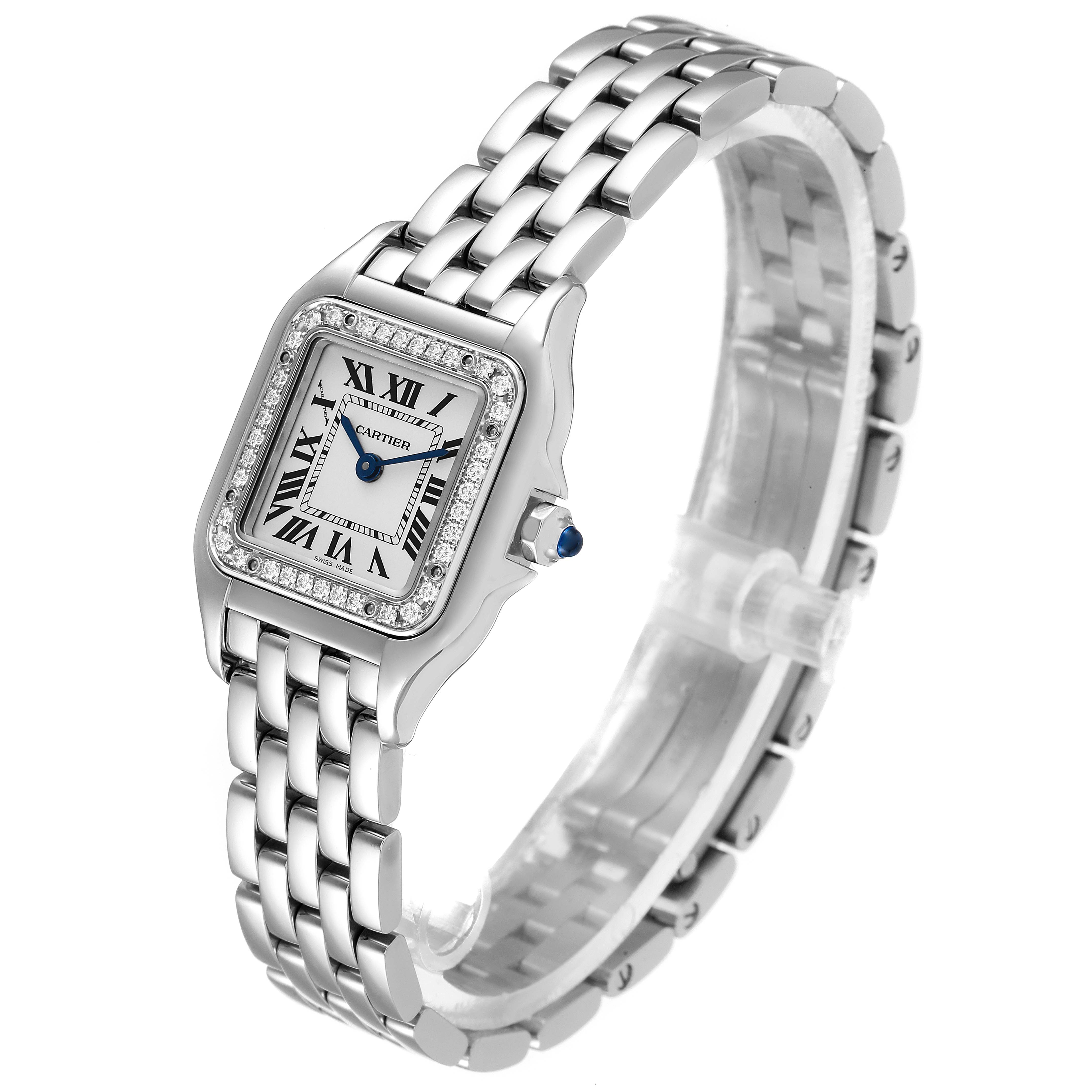 This image shows a Cartier Panthere W4PN0007 Women's Stainless Steel Silver Dial W4PN0007 Women's Stainless Steel Silver Dial model watch angled slightly from above, highlighting its face, bracelet, and bezel.