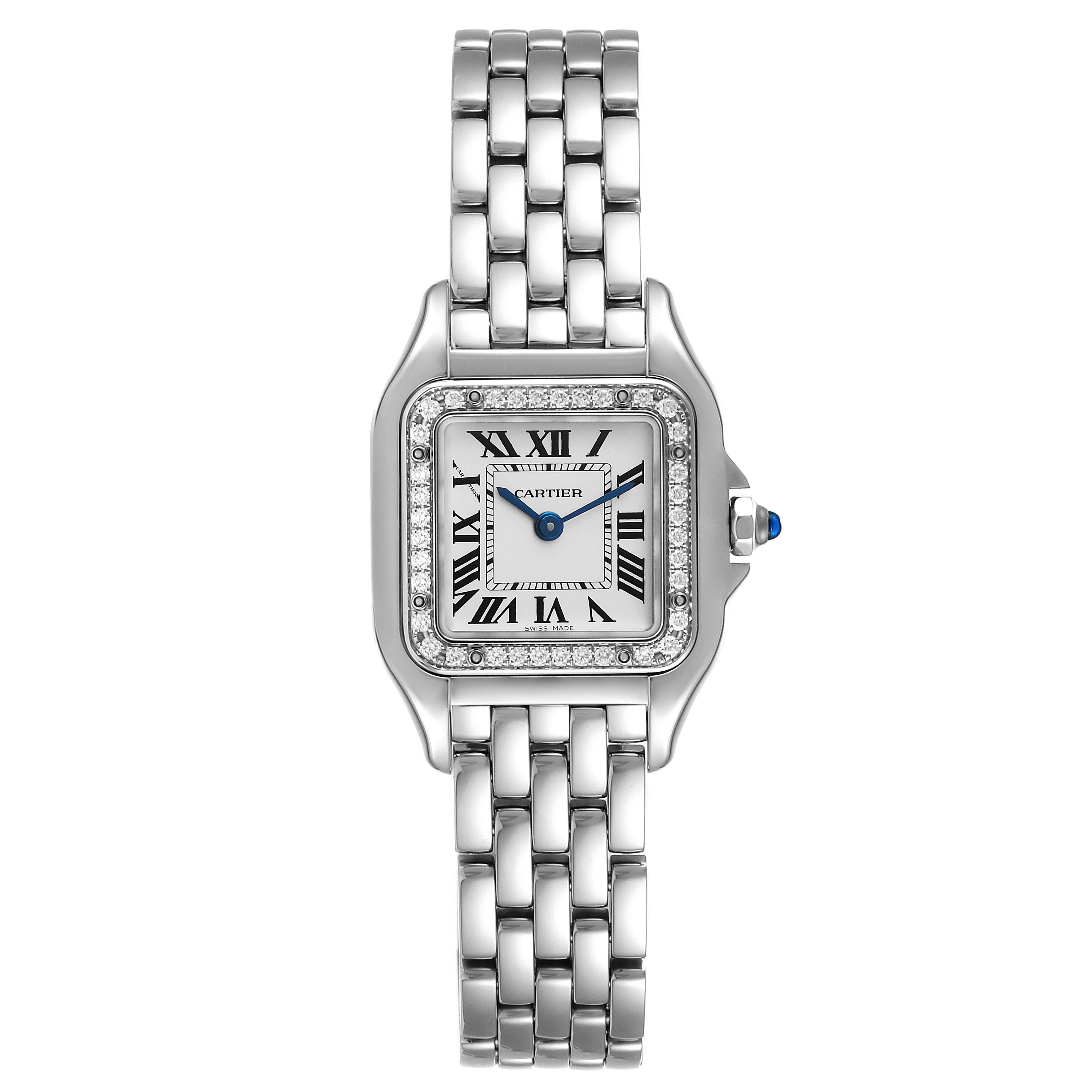 The image shows a front view of the Cartier Panthere W4PN0007 Women's Stainless Steel Silver Dial W4PN0007 Women's Stainless Steel Silver Dial watch, highlighting its square face, Roman numerals, and metal bracelet.